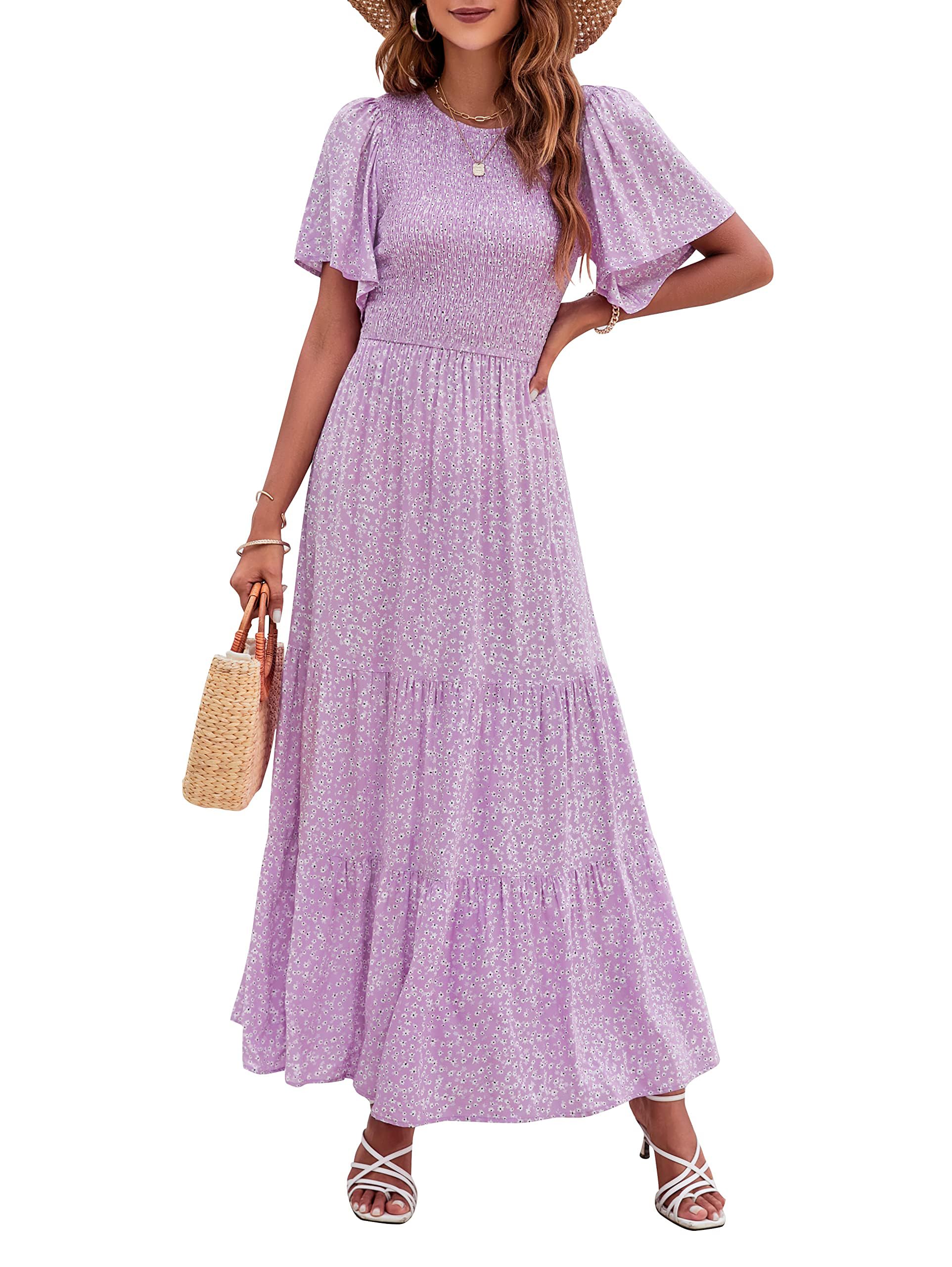 Women's Casual Floral Print Short Flutter Sleeve Smocked High Waist Flowy Maxi Dress