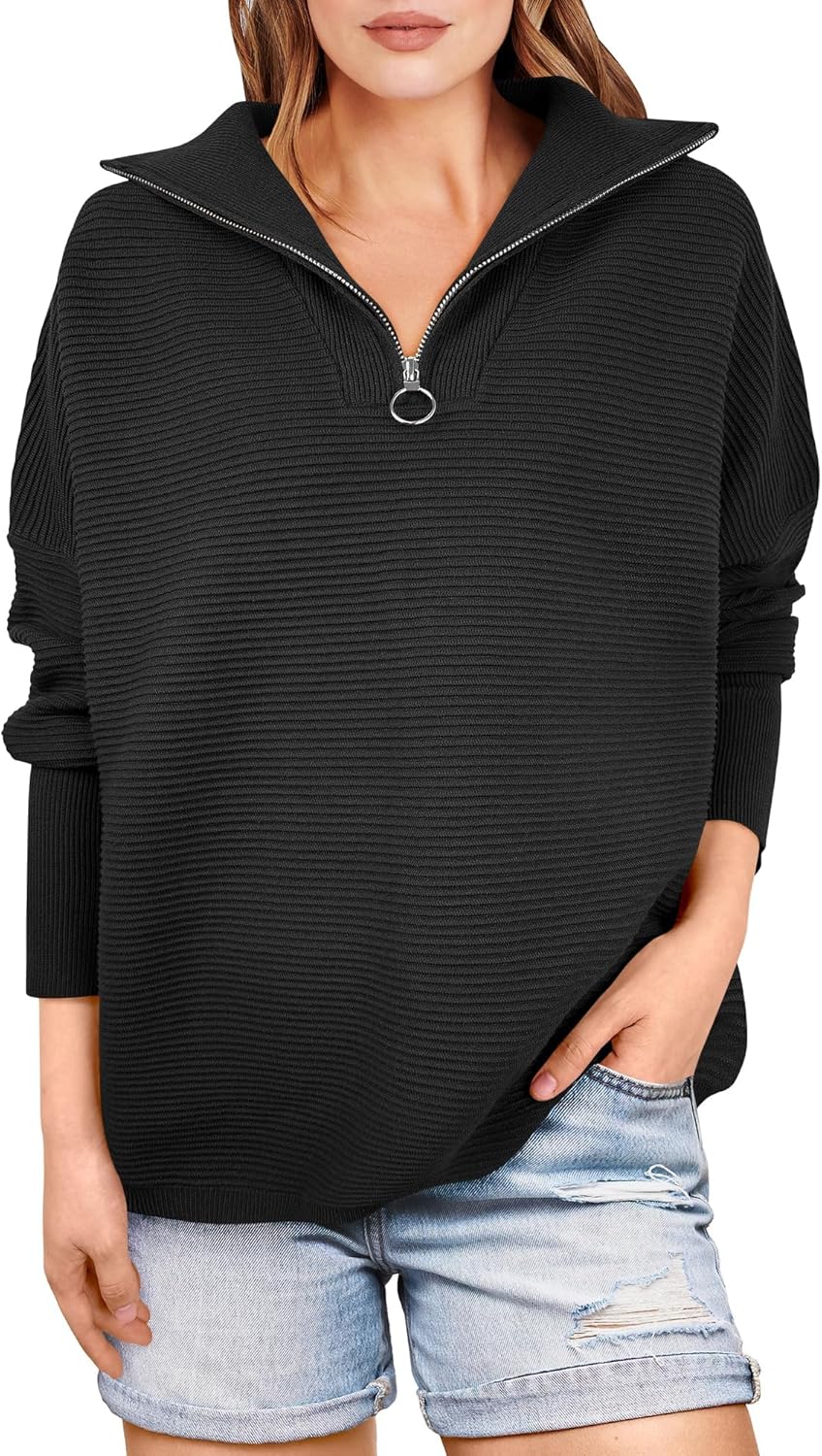 Women Quarter Zip Oversized Casual Loose Rib Knit Cozy Pullover Sweates Top