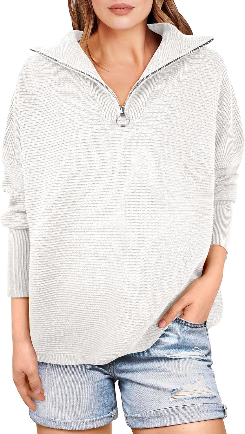 Women Quarter Zip Oversized Casual Loose Rib Knit Cozy Pullover Sweates Top