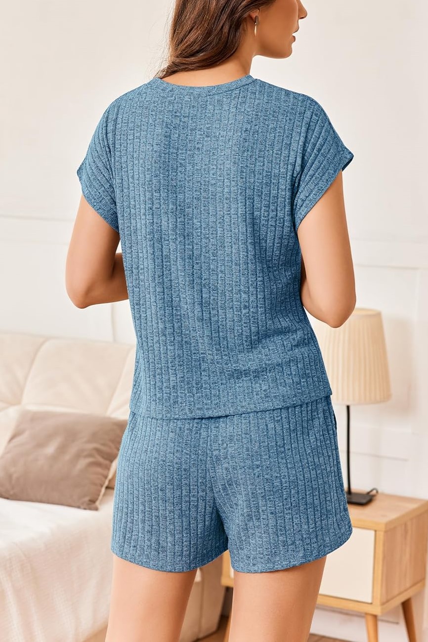Womens Ribbed Short Cap Sleeve Top and Shorts Lounge Set