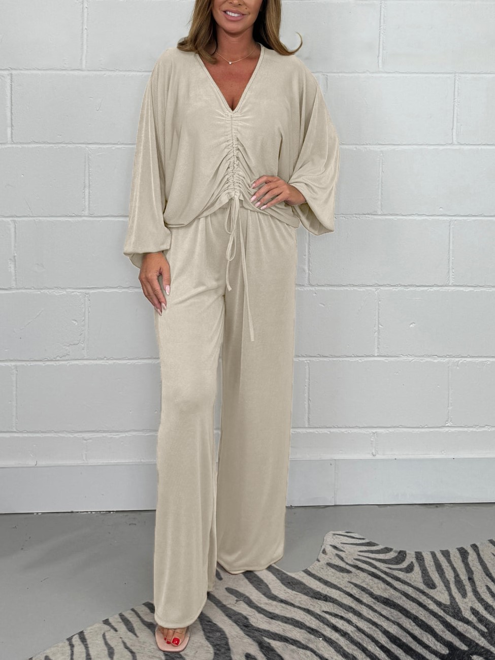 Ruched Drawsting Top & Wide Leg Pants Lounge Set