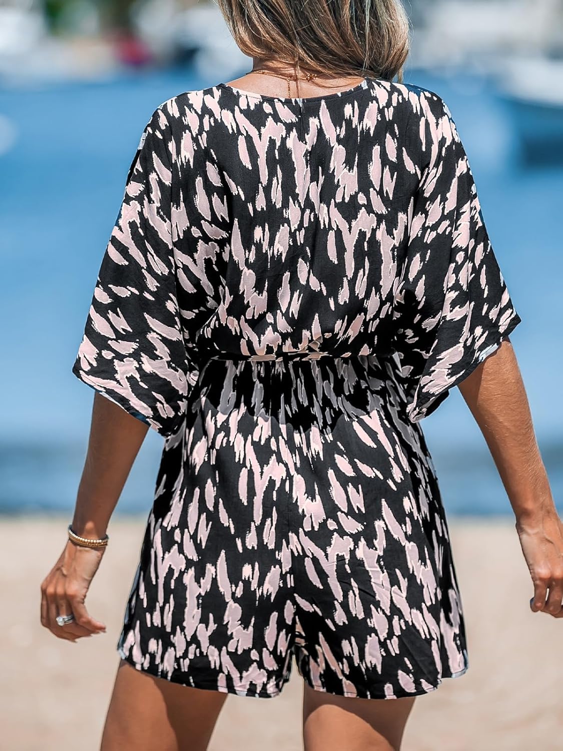 Women's Lace Up Leopard Print Romper Short Sleeves Jumpsuits