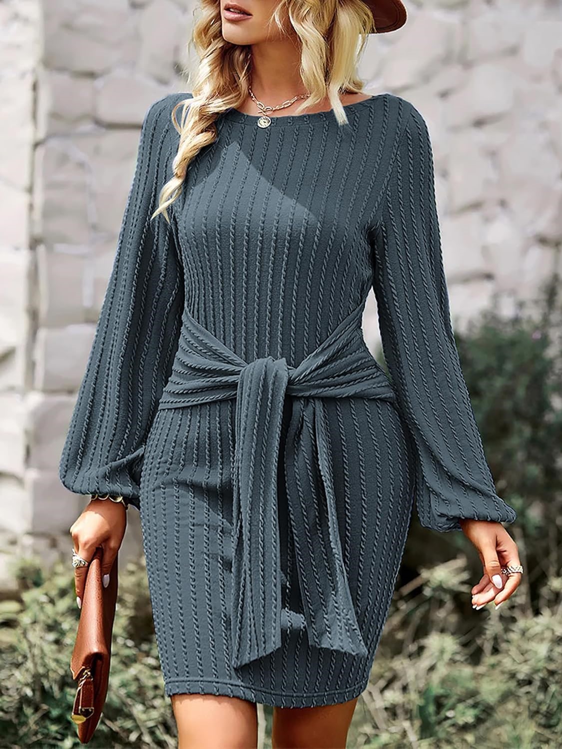 Women's Long Lantern Sleeve Tie Waist Rib Knitted Sweater Dress