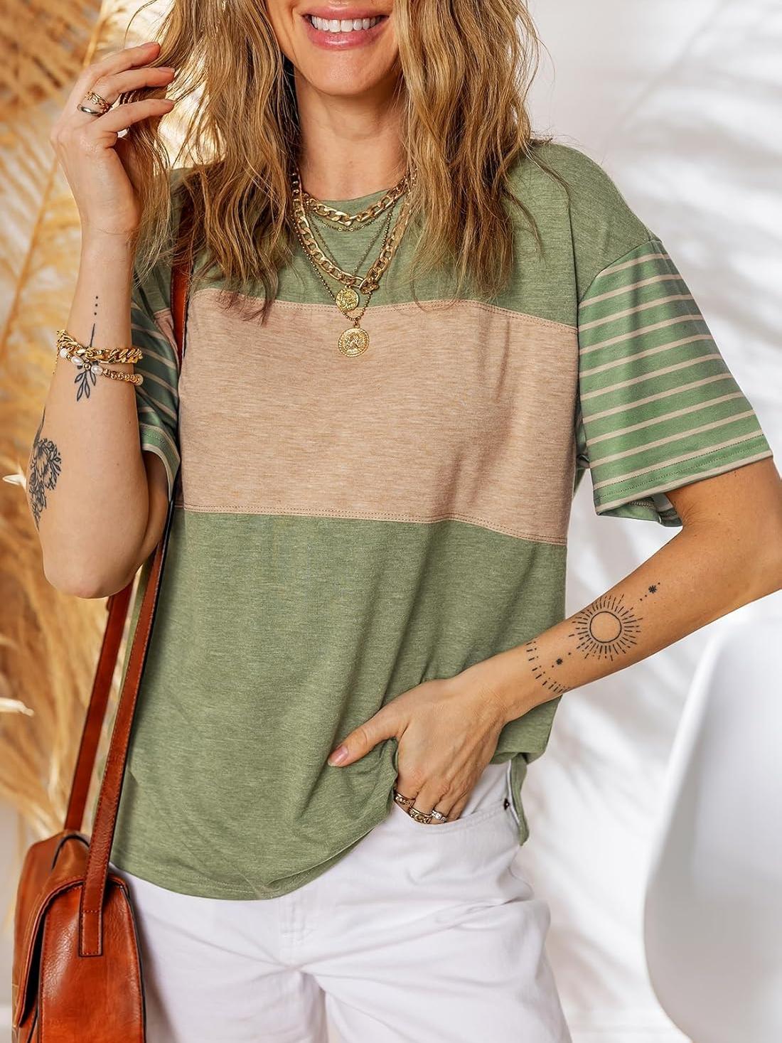 Women's Oversized Crewneck Casual Color Block Striped Shirts Blouses