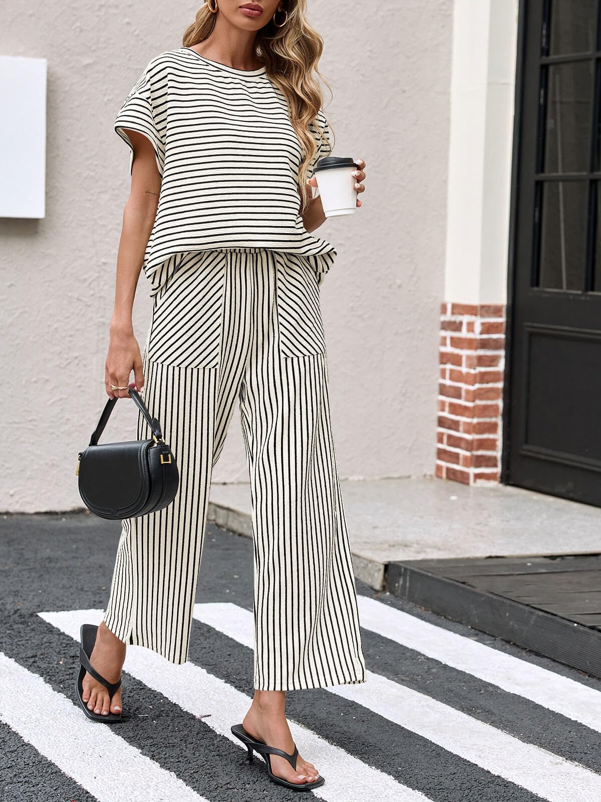 Women's Striped Short Sleeve Wide Leg Pants 2 Piece Sets with Pockets