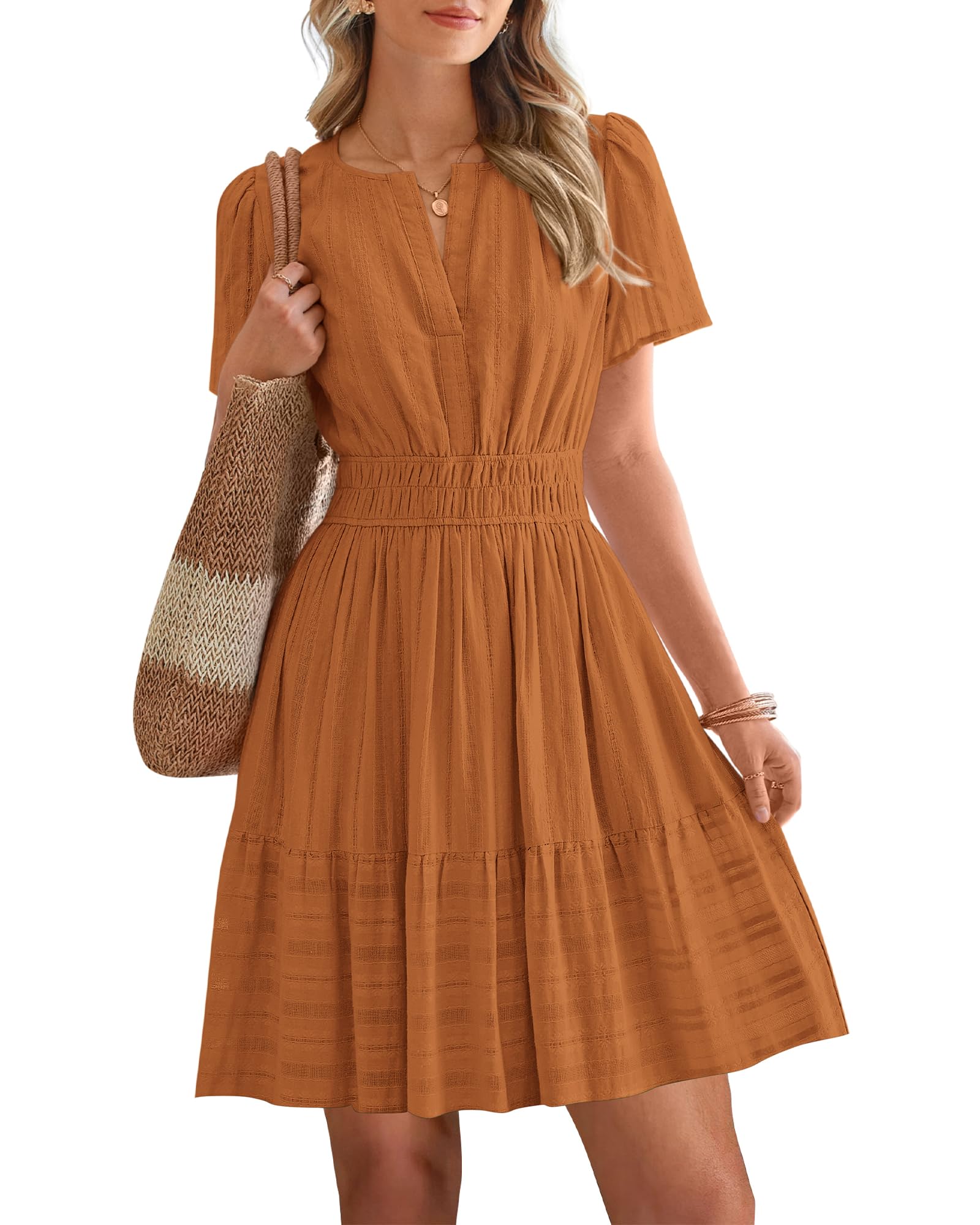 Women's Lightweight Short Sleeve V Neck Elastic Waist Mini Dress
