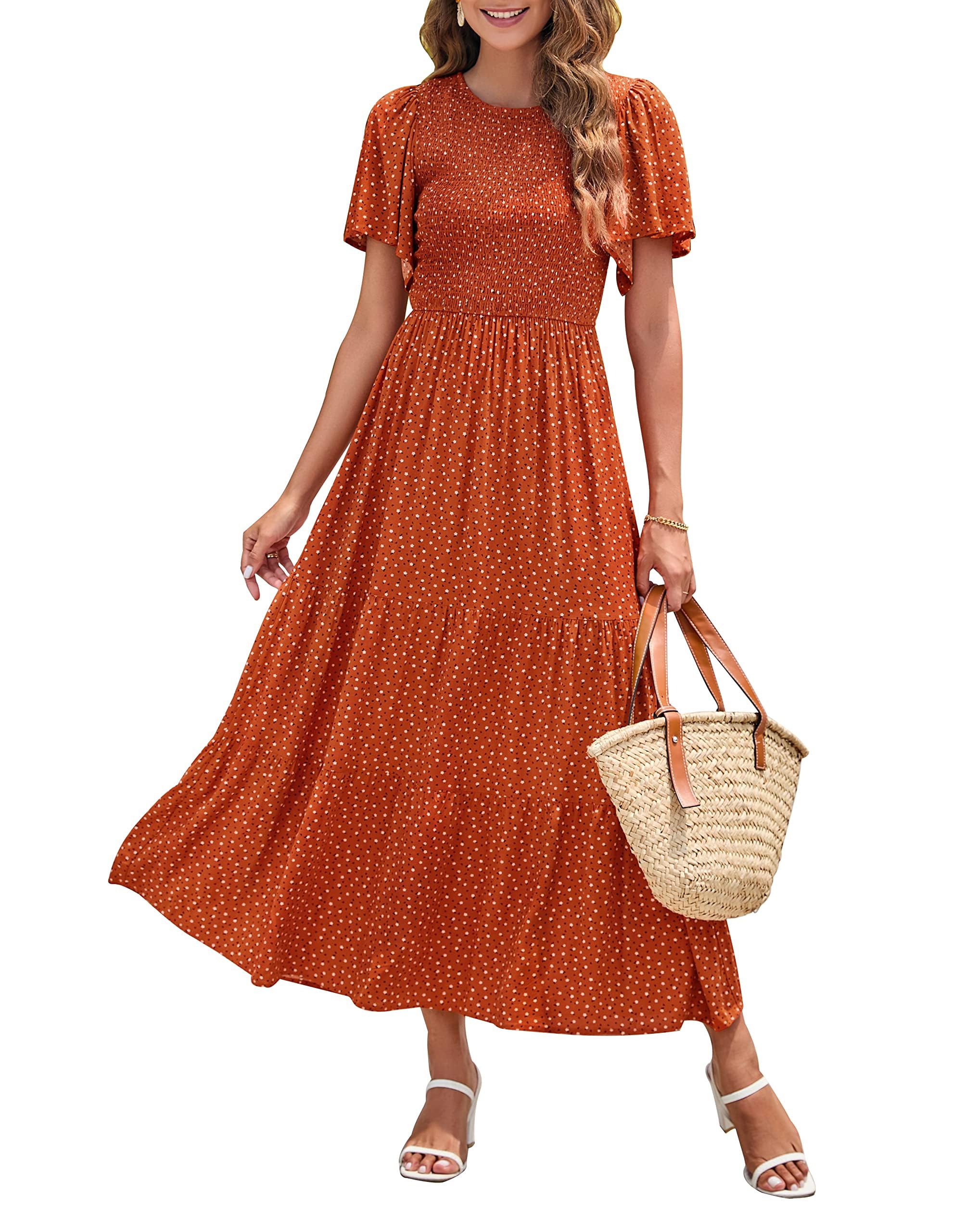 Women's Casual Floral Print Short Flutter Sleeve Smocked High Waist Flowy Maxi Dress