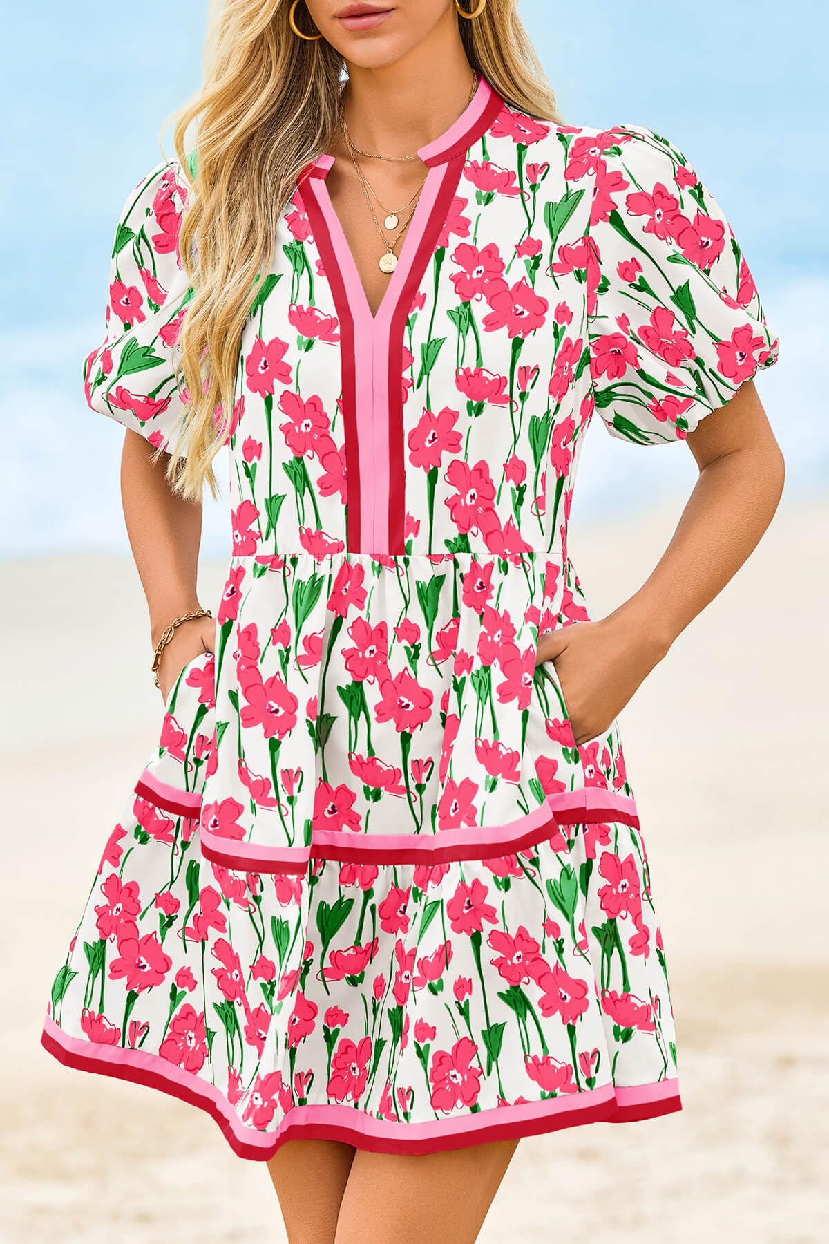 HOT SALE Women's V Neck Floral Mini Dress Short Puff Sleeve Patchwork