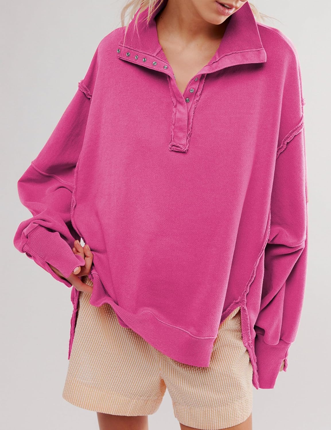 Womens Oversized V Neck Button Up Henley Pullover Sweatshirts