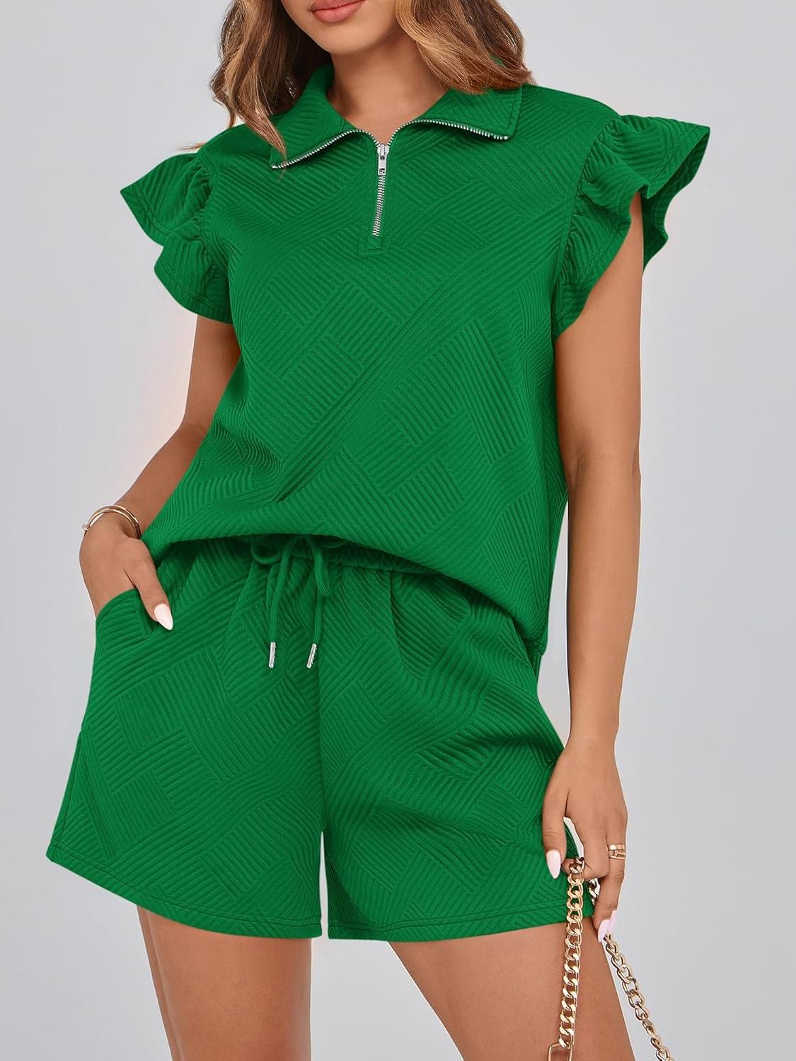 Women's Sweatsuit Zipper V Neck Ruffle Tops and Drawstring Shorts Lounge Sets