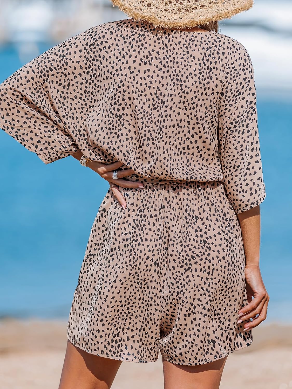 Women's Lace Up Leopard Print Romper Short Sleeves Jumpsuits