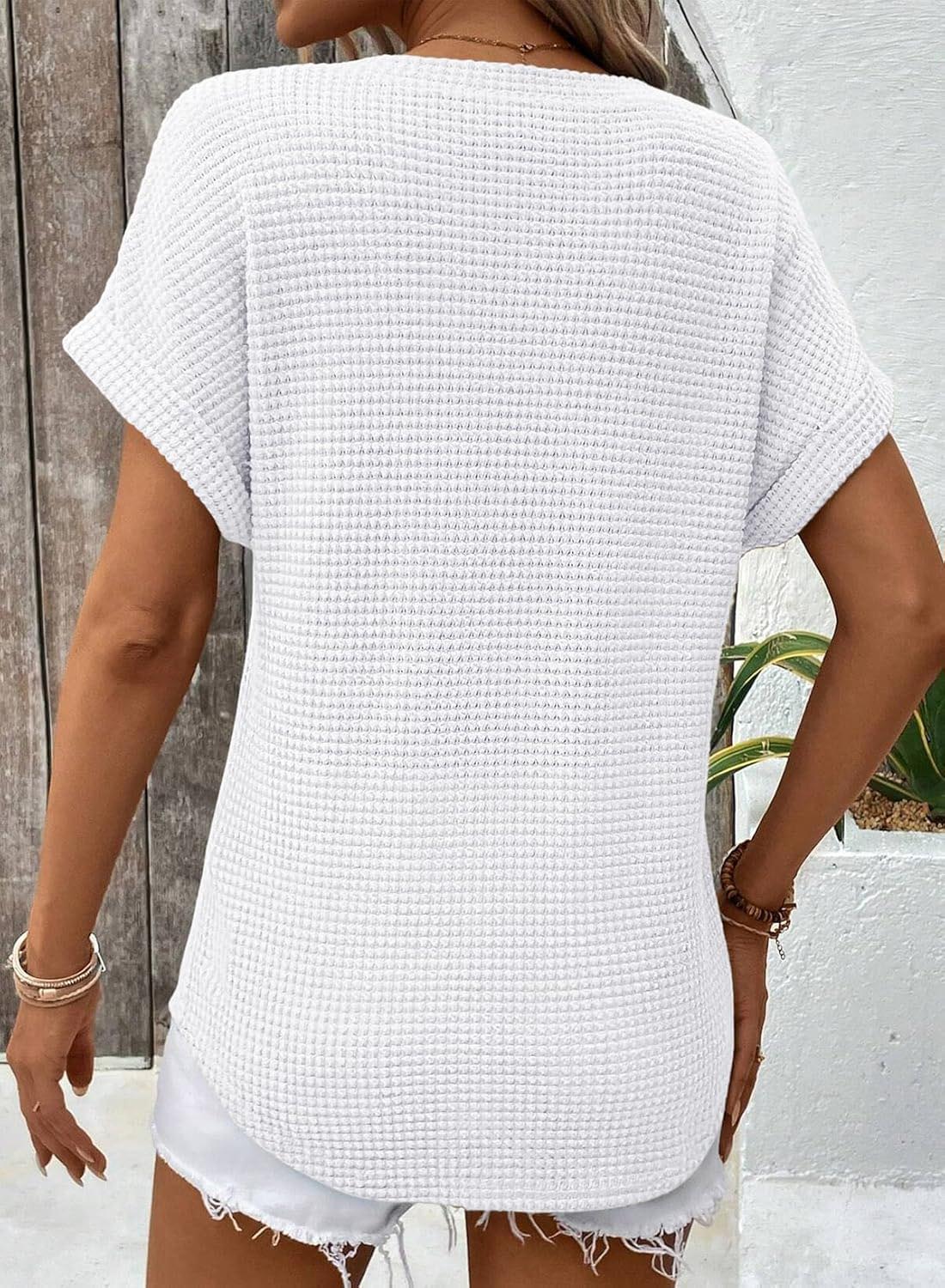 Women's Oversized Waffle V Neck Short Sleeve Casual Top(BUY 2 FREE SHIPPING)