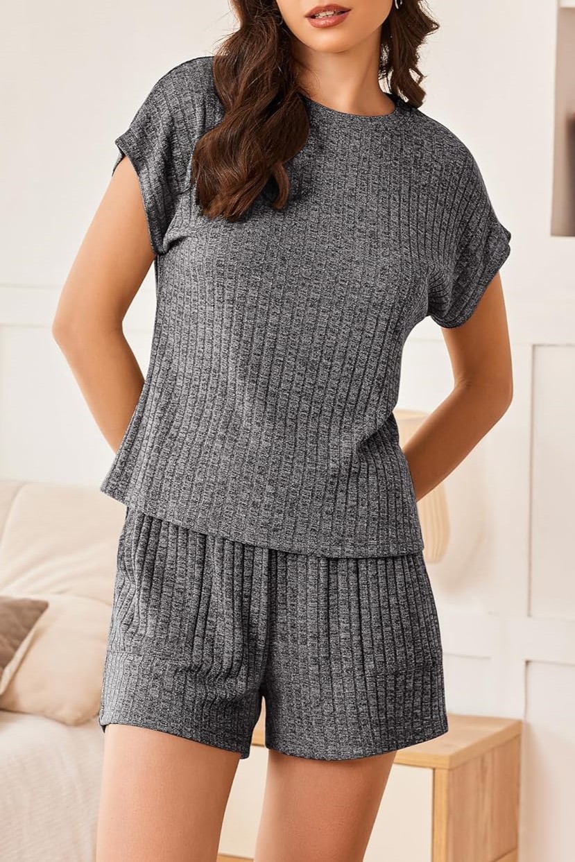 Womens Ribbed Short Cap Sleeve Top and Shorts Lounge Set