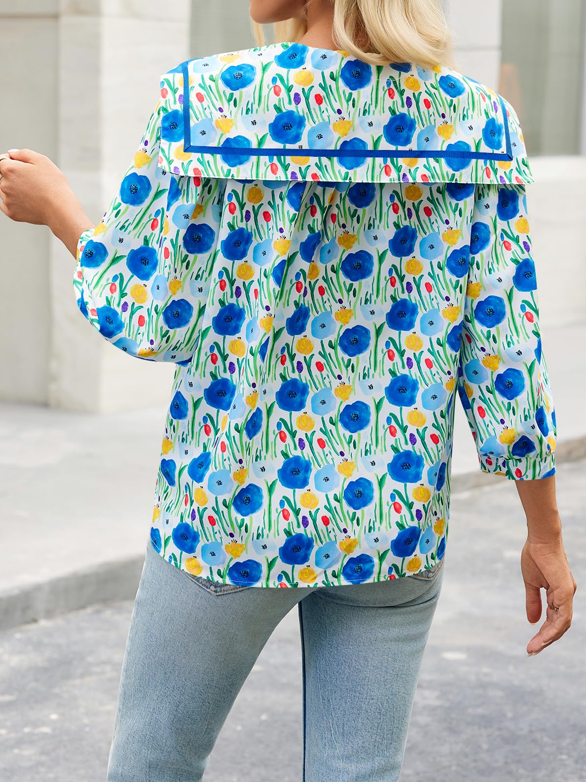 Women's Floral Collared 3/4 Lantern Sleeve Button Down Shirt