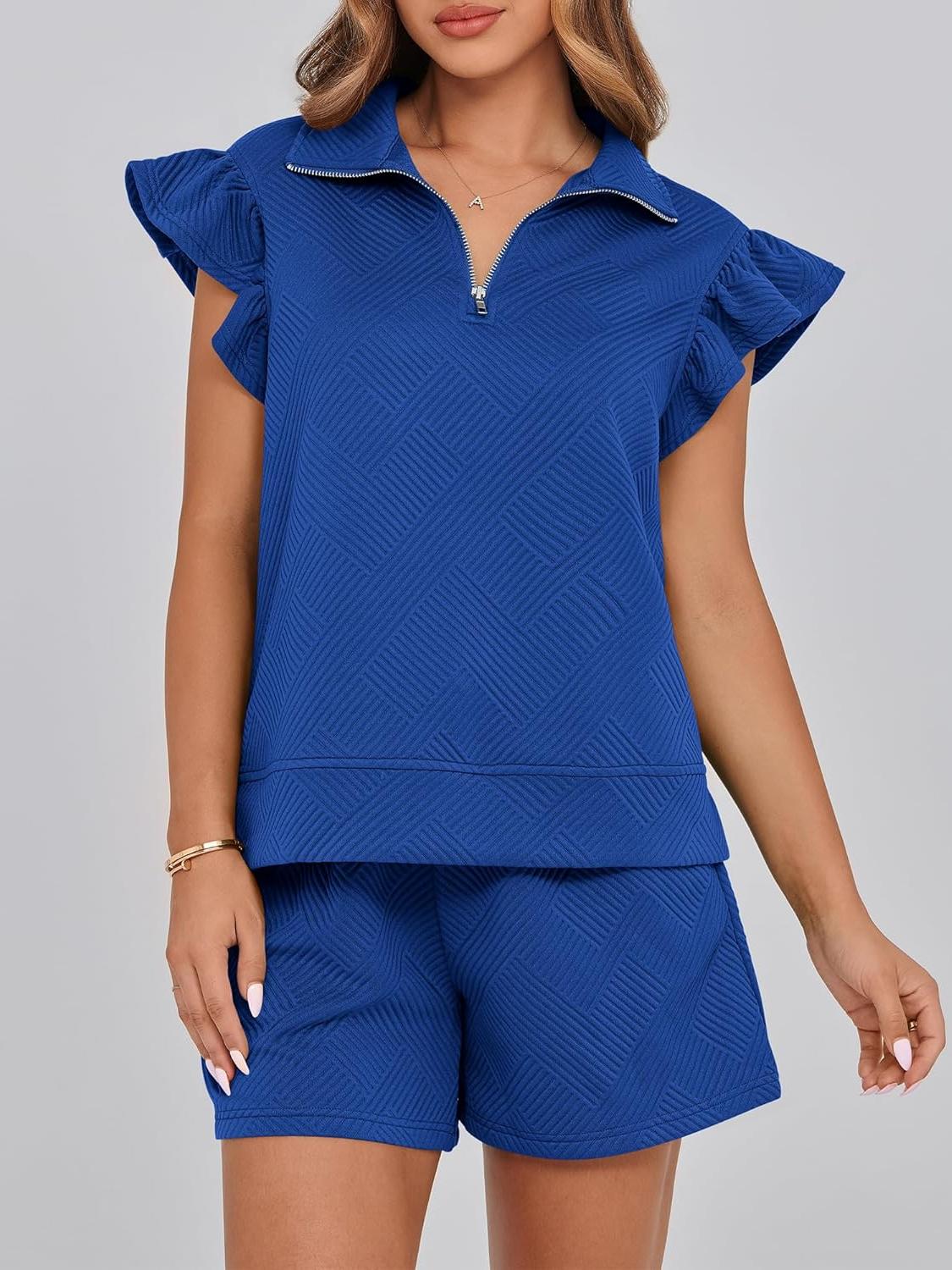 Women's Sweatsuit Zipper V Neck Ruffle Tops and Drawstring Shorts Lounge Sets