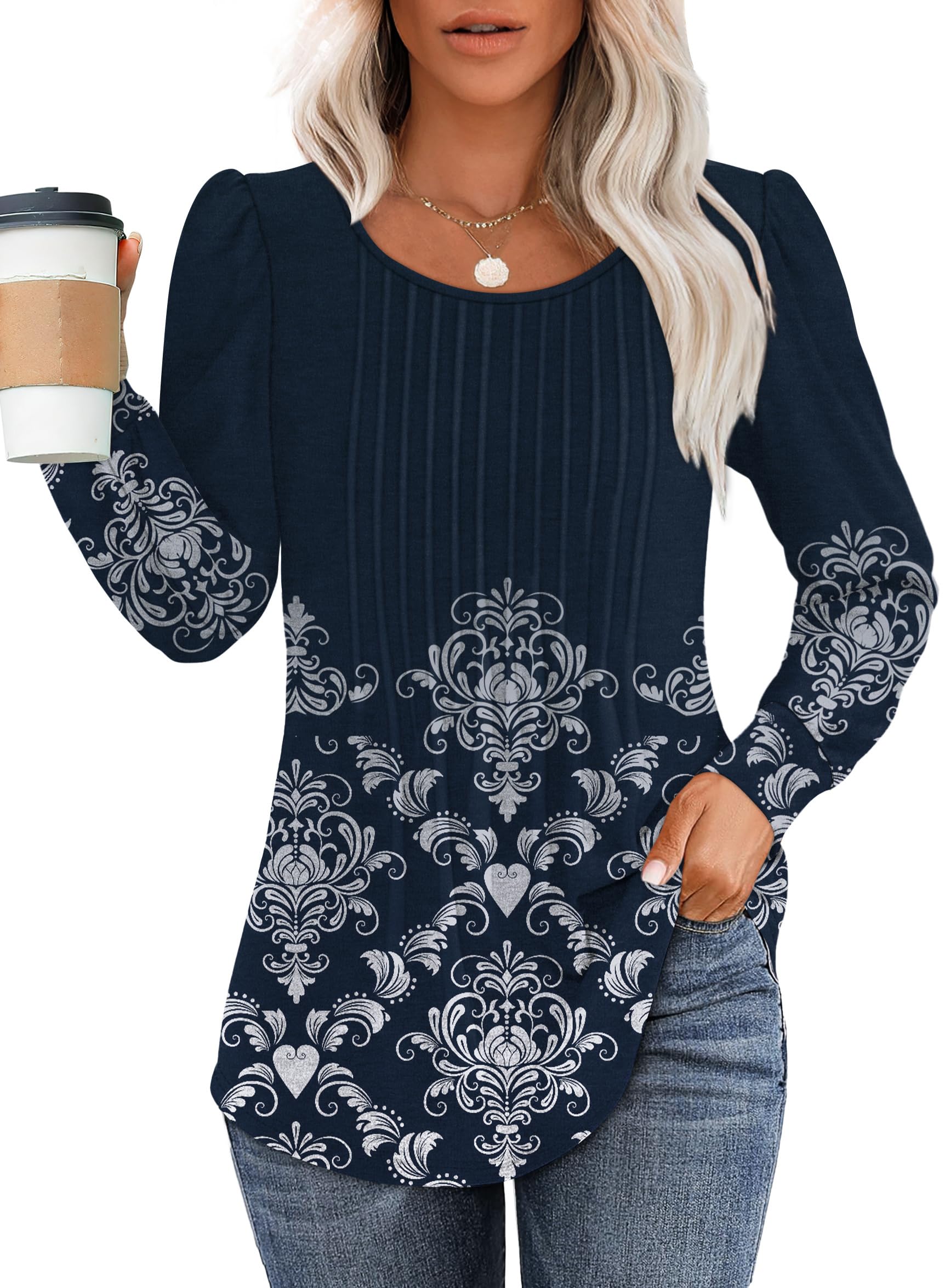 Women's Printed Long Sleeve Pleated Front Tunic Tops