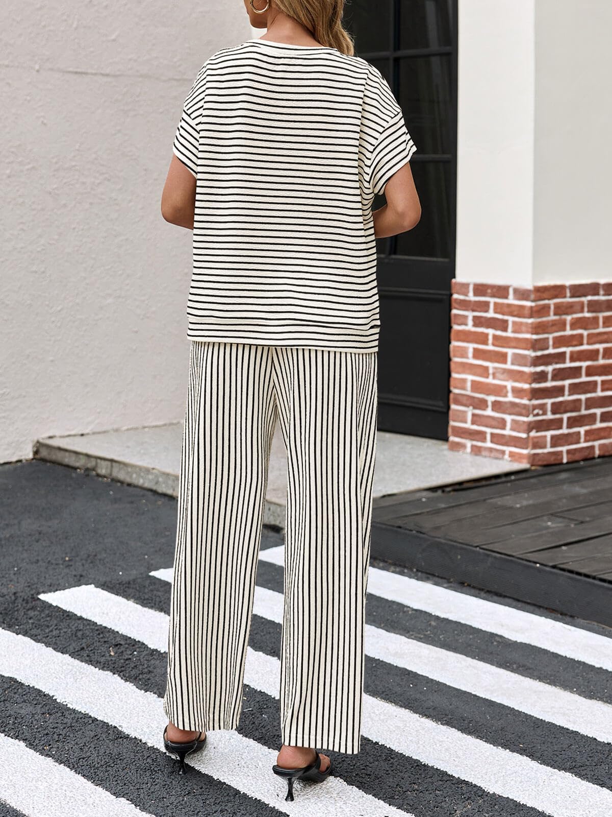 Women's Striped Short Sleeve Wide Leg Pants 2 Piece Sets with Pockets