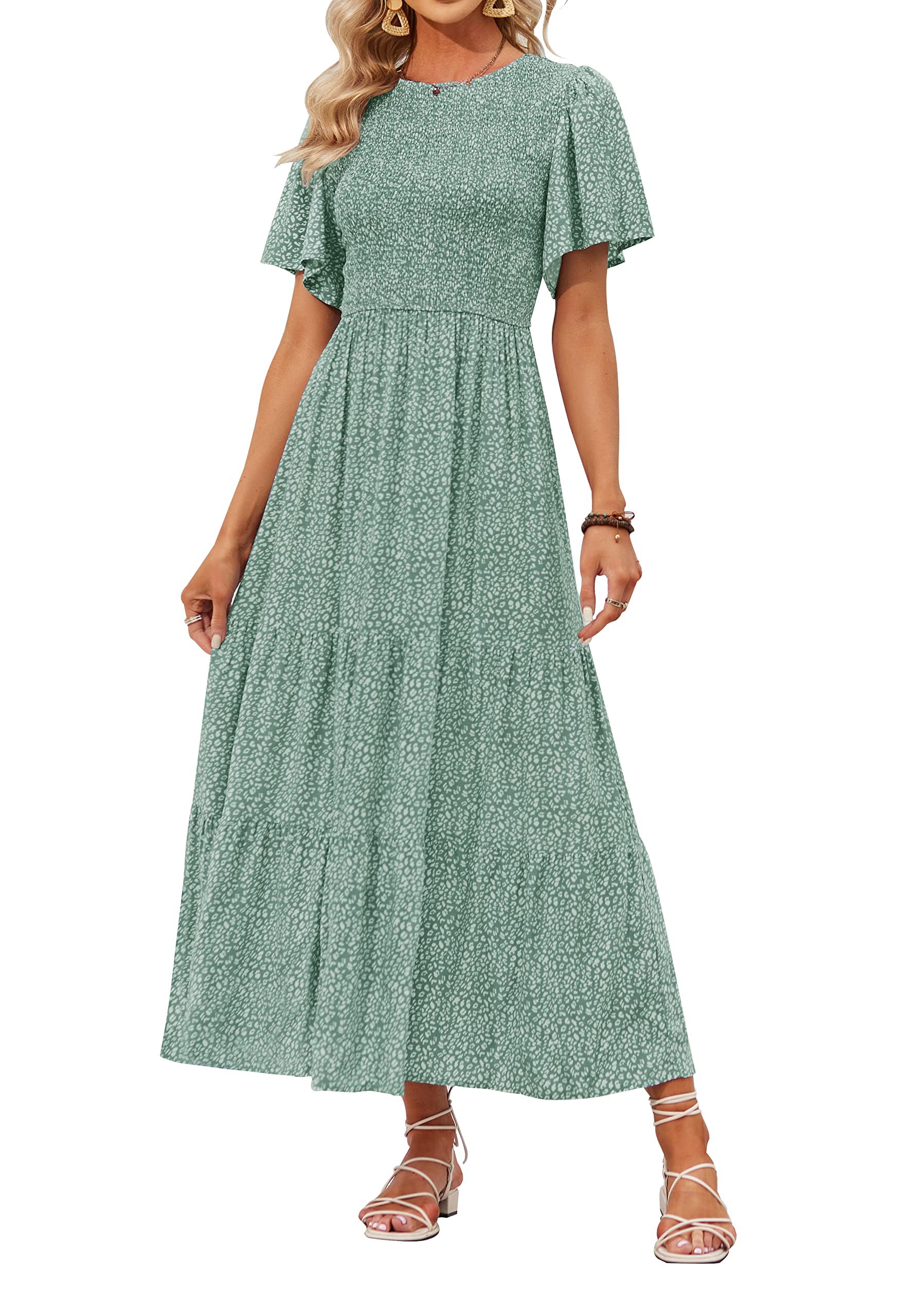 Women's Casual Floral Print Short Flutter Sleeve Smocked High Waist Flowy Maxi Dress