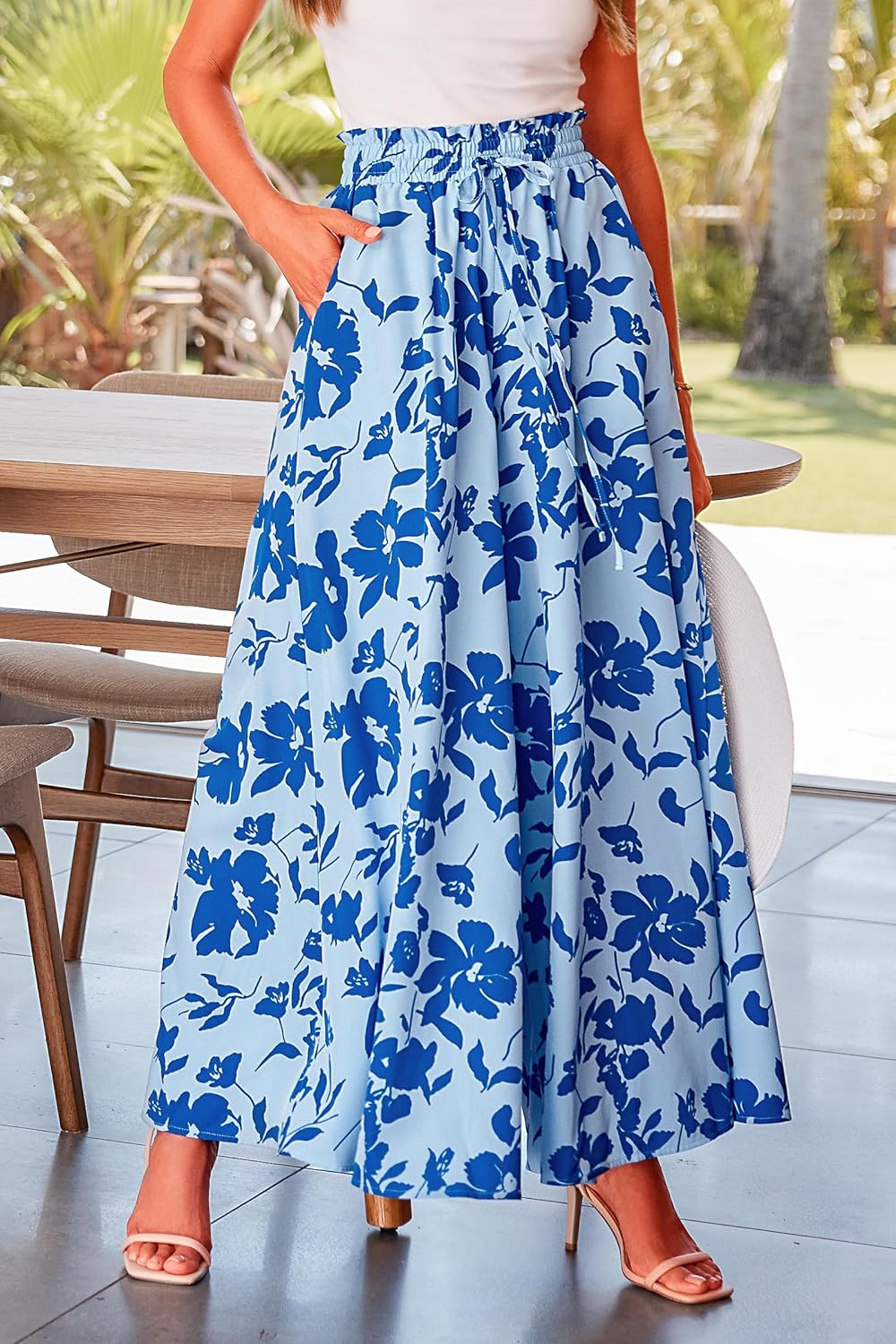 HOT SALE Women's Casual Floral Solid High Waist Wide Leg Pants