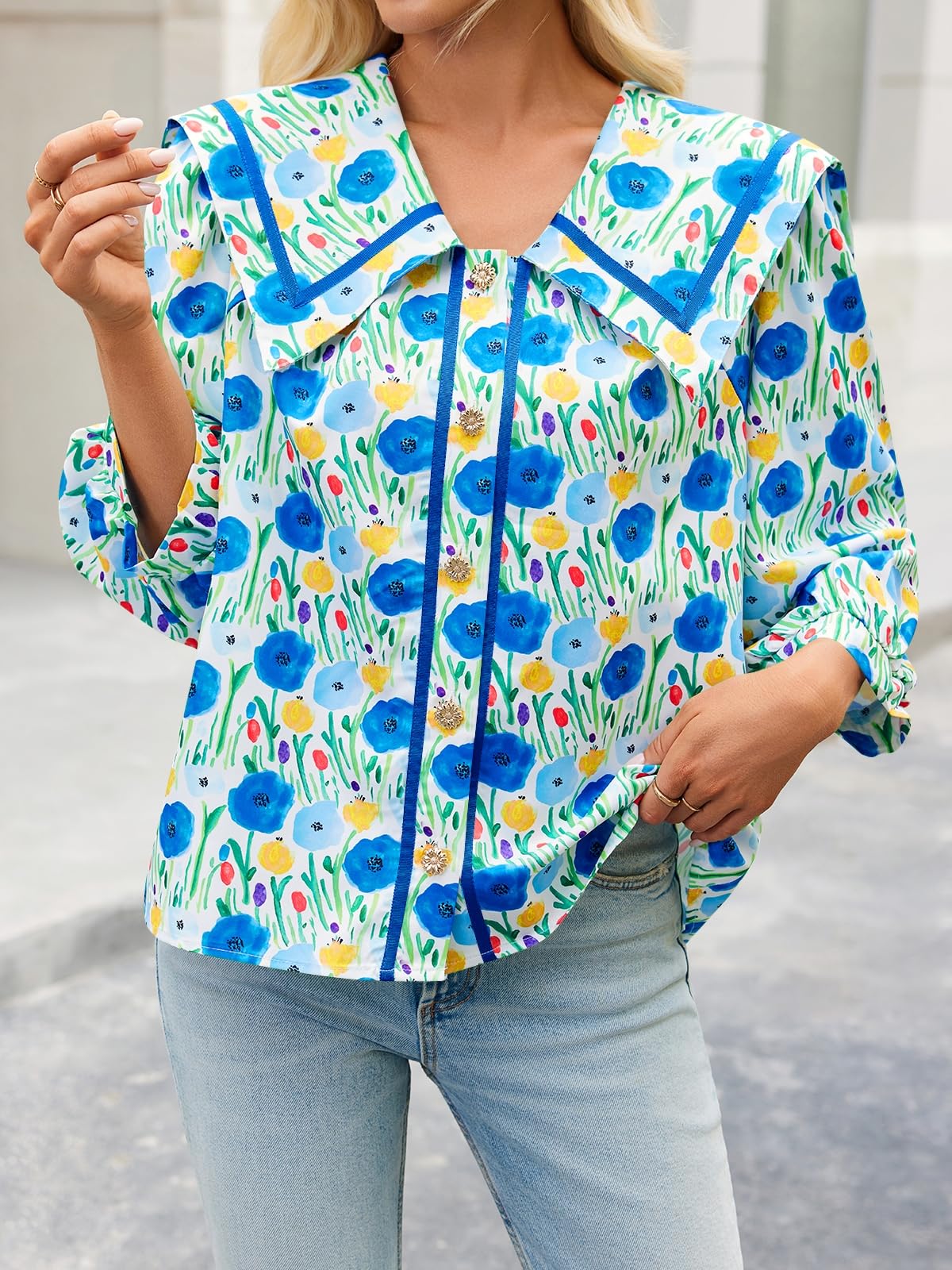 Women's Floral Collared 3/4 Lantern Sleeve Button Down Shirt