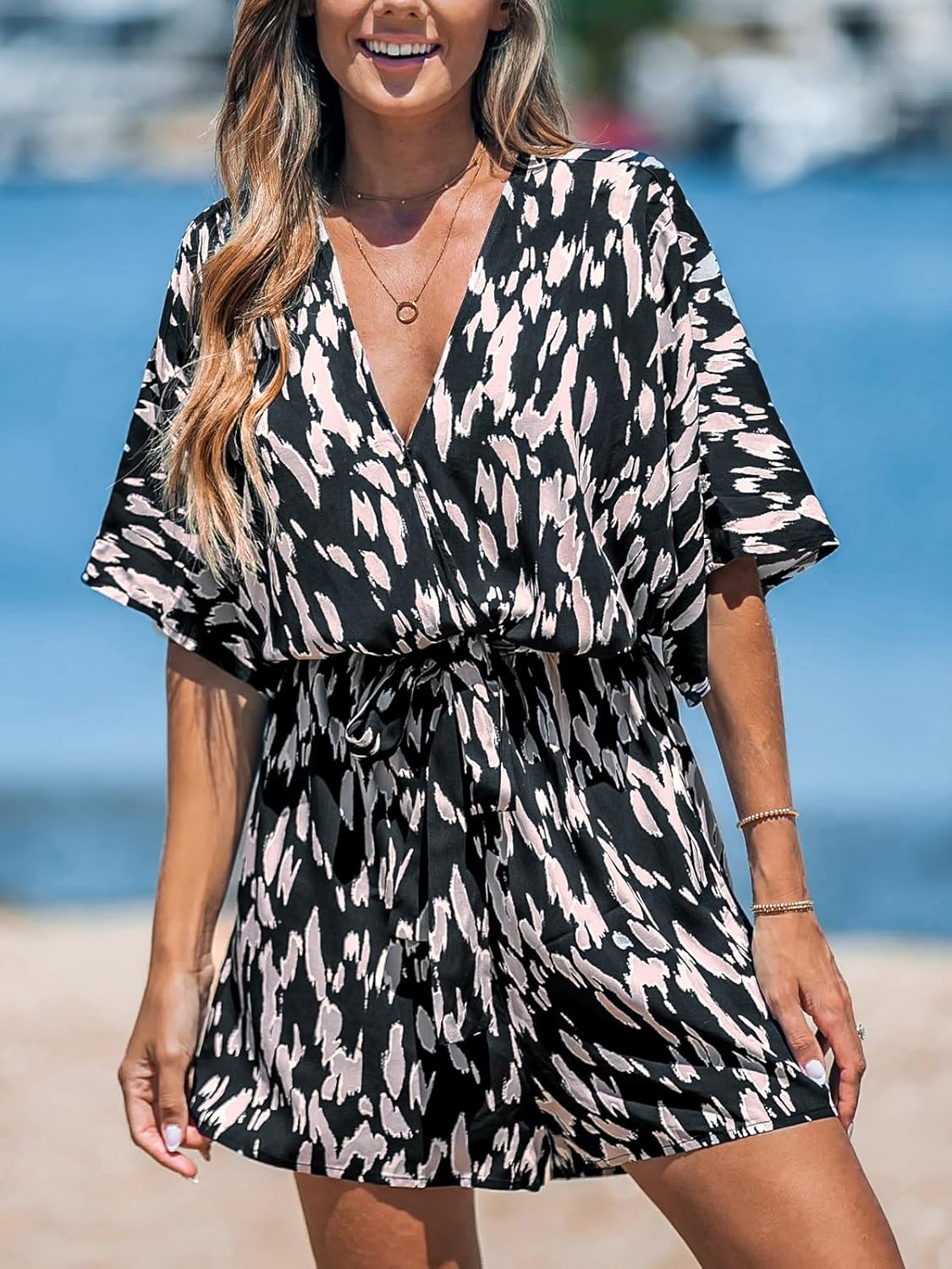 Women's Lace Up Leopard Print Romper Short Sleeves Jumpsuits