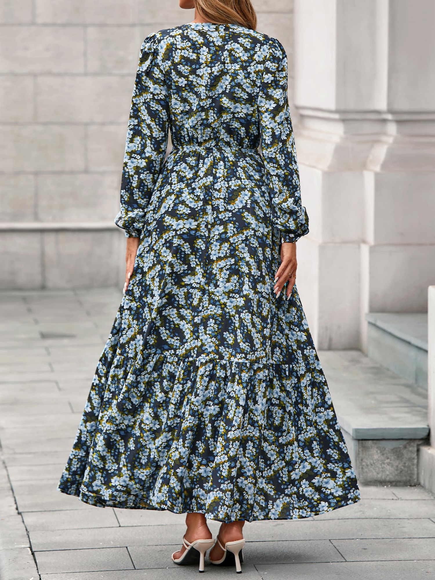 Women's Boho Floral Long Sleeve V Neck Button Pockets Flowy Dress