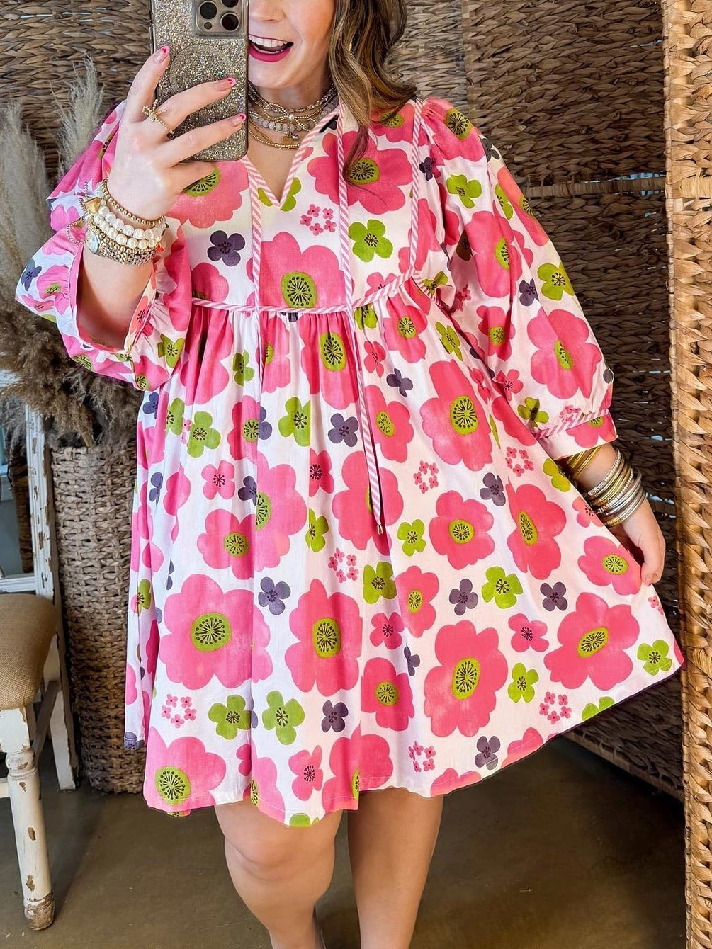 Women's Floral 3/4 Balloon Sleeve V Neck Flowy Babydoll Dress