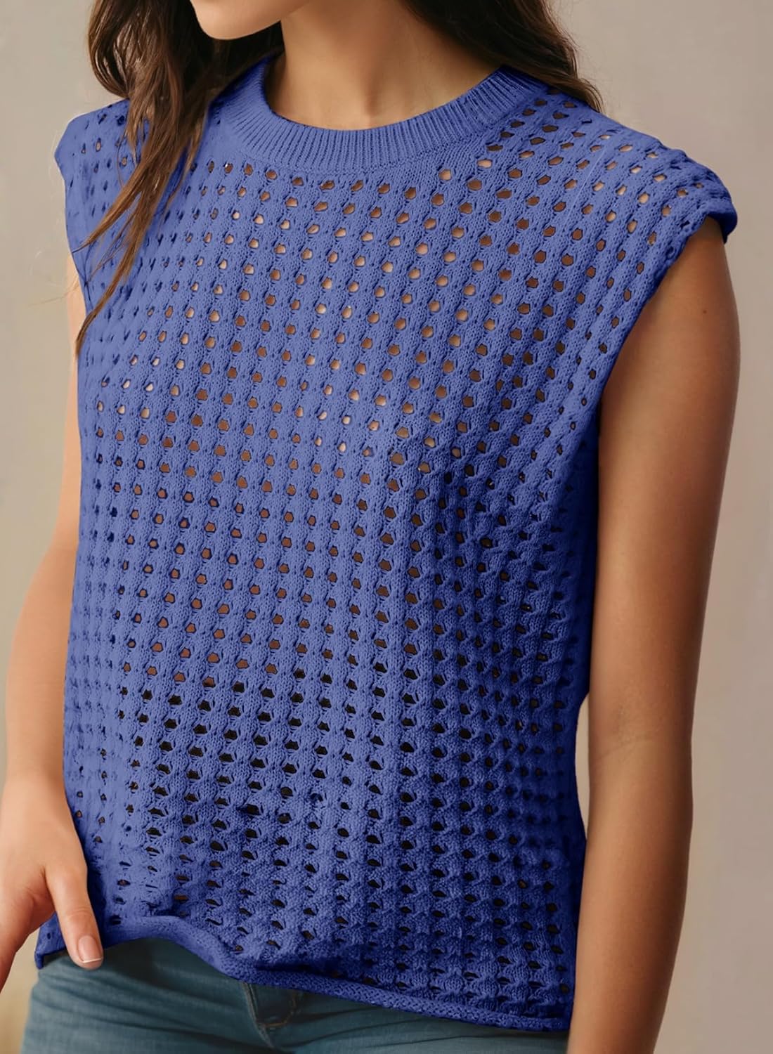 Women's Crewneck Sleeveles Loose Crochet Hollow Vest Top Cover Ups