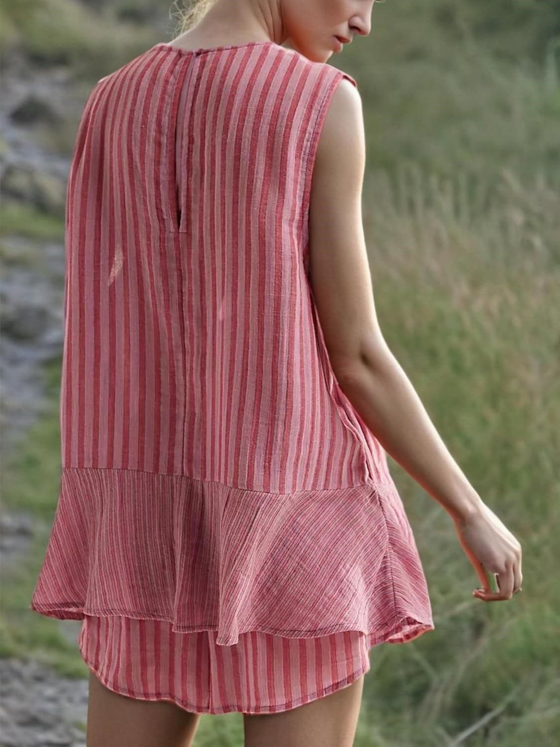 Women's Striped Sleeveless Tops Lounge Shorts Matching Set with Pockets