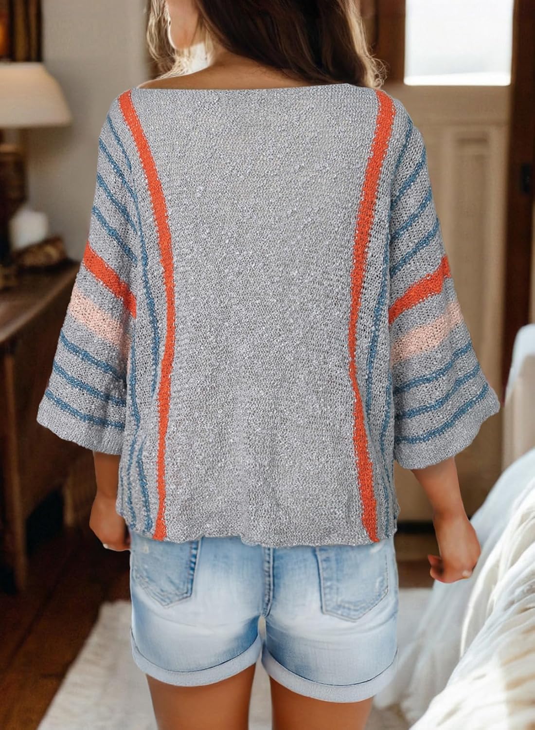 Women's Casual Color Block Striped Cable Knit Boho Sweater