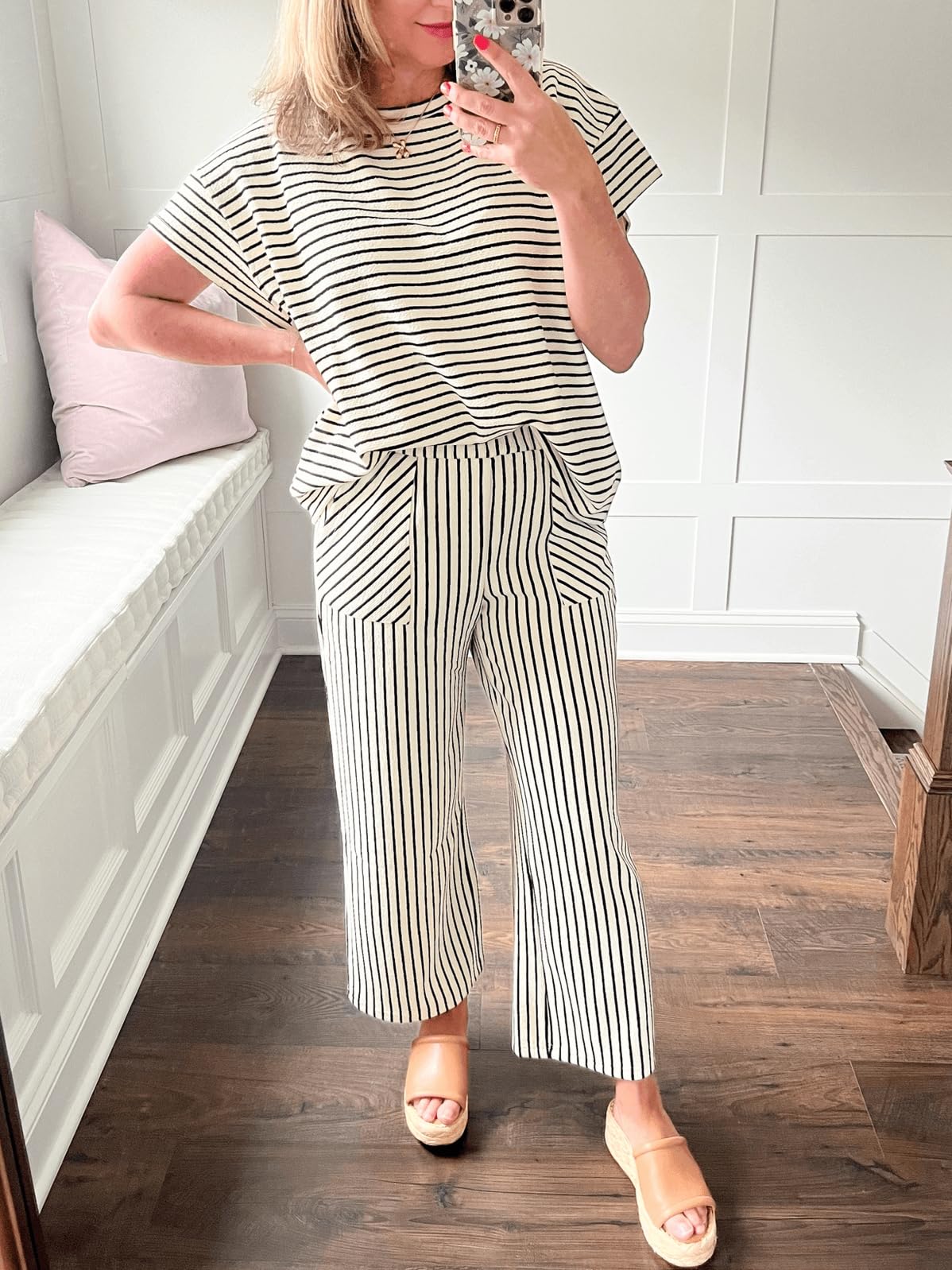 Women's Striped Short Sleeve Wide Leg Pants 2 Piece Sets with Pockets