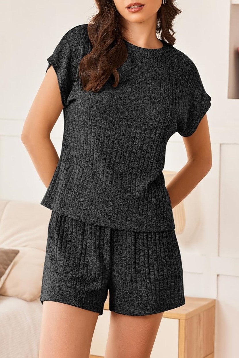 Womens Ribbed Short Cap Sleeve Top and Shorts Lounge Set
