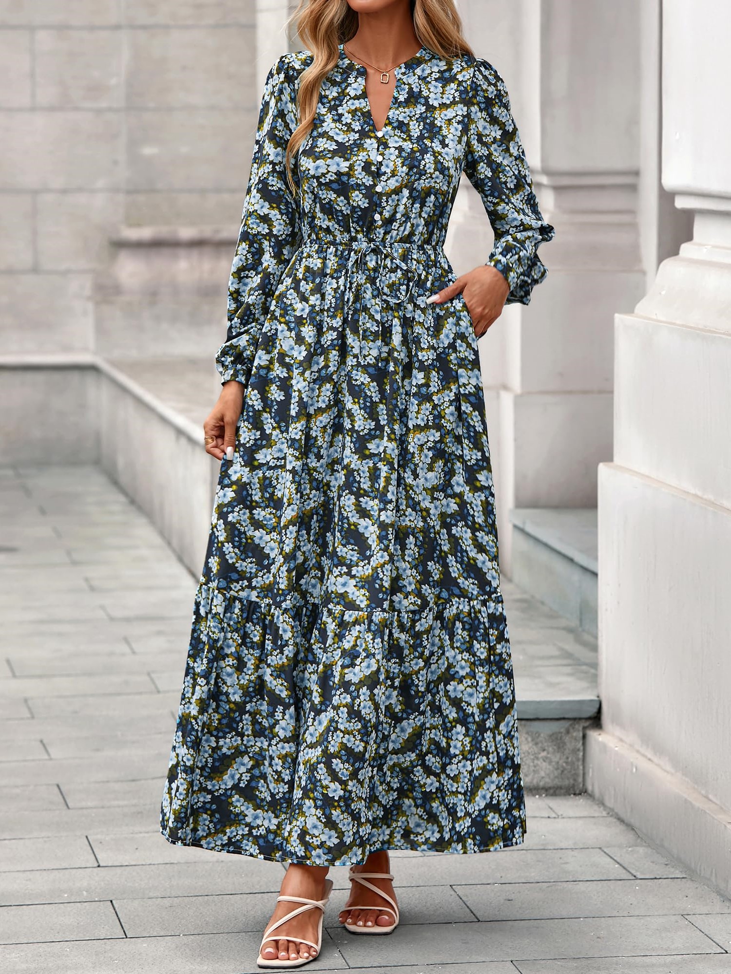 Women's Boho Floral Long Sleeve V Neck Button Pockets Flowy Dress