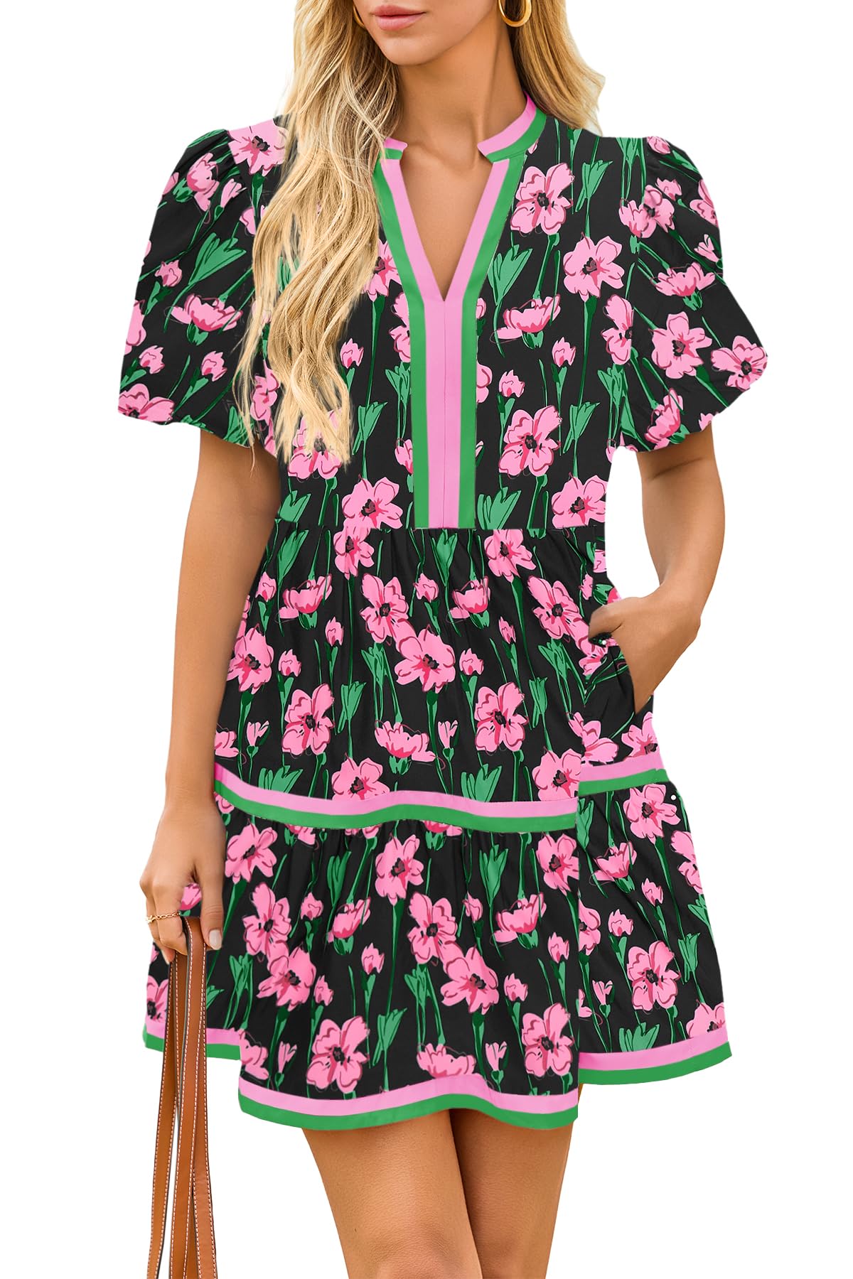 HOT SALE Women's V Neck Floral Mini Dress Short Puff Sleeve Patchwork