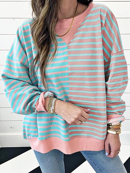 Womens Oversized Sweatshirts Striped Color Block Crewneck Sweatshirt