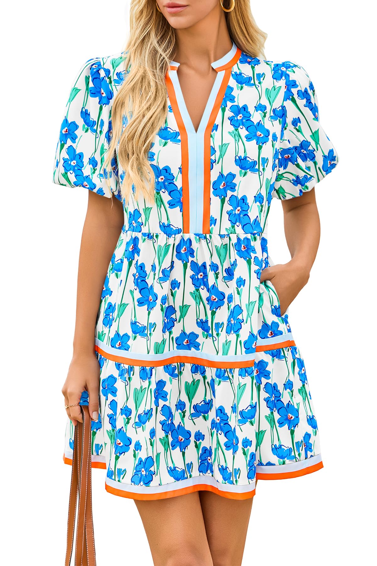 HOT SALE Women's V Neck Floral Mini Dress Short Puff Sleeve Patchwork