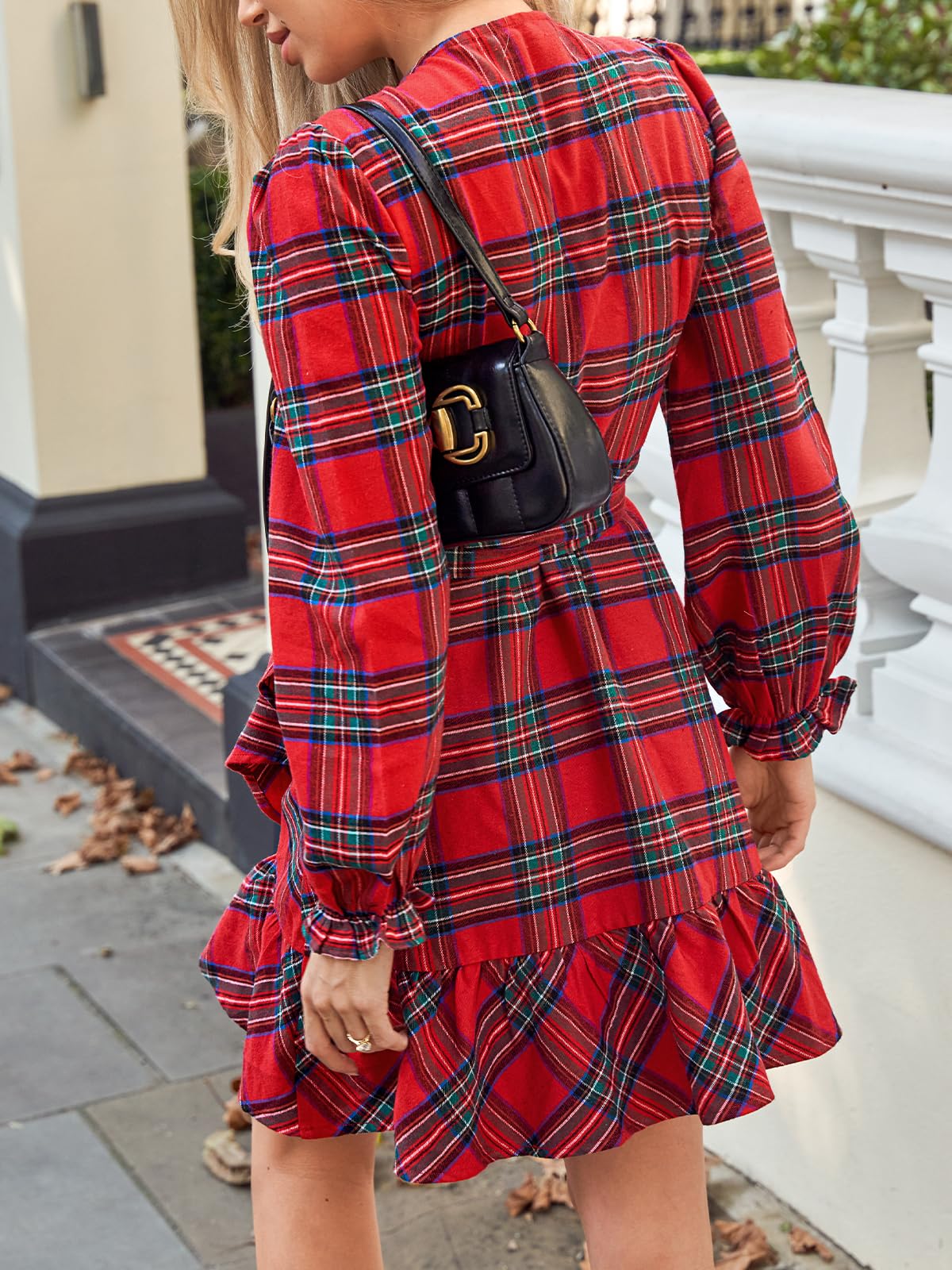 Women's Christmas V neck Red Plaid Blouson Sleeve Mini Dress