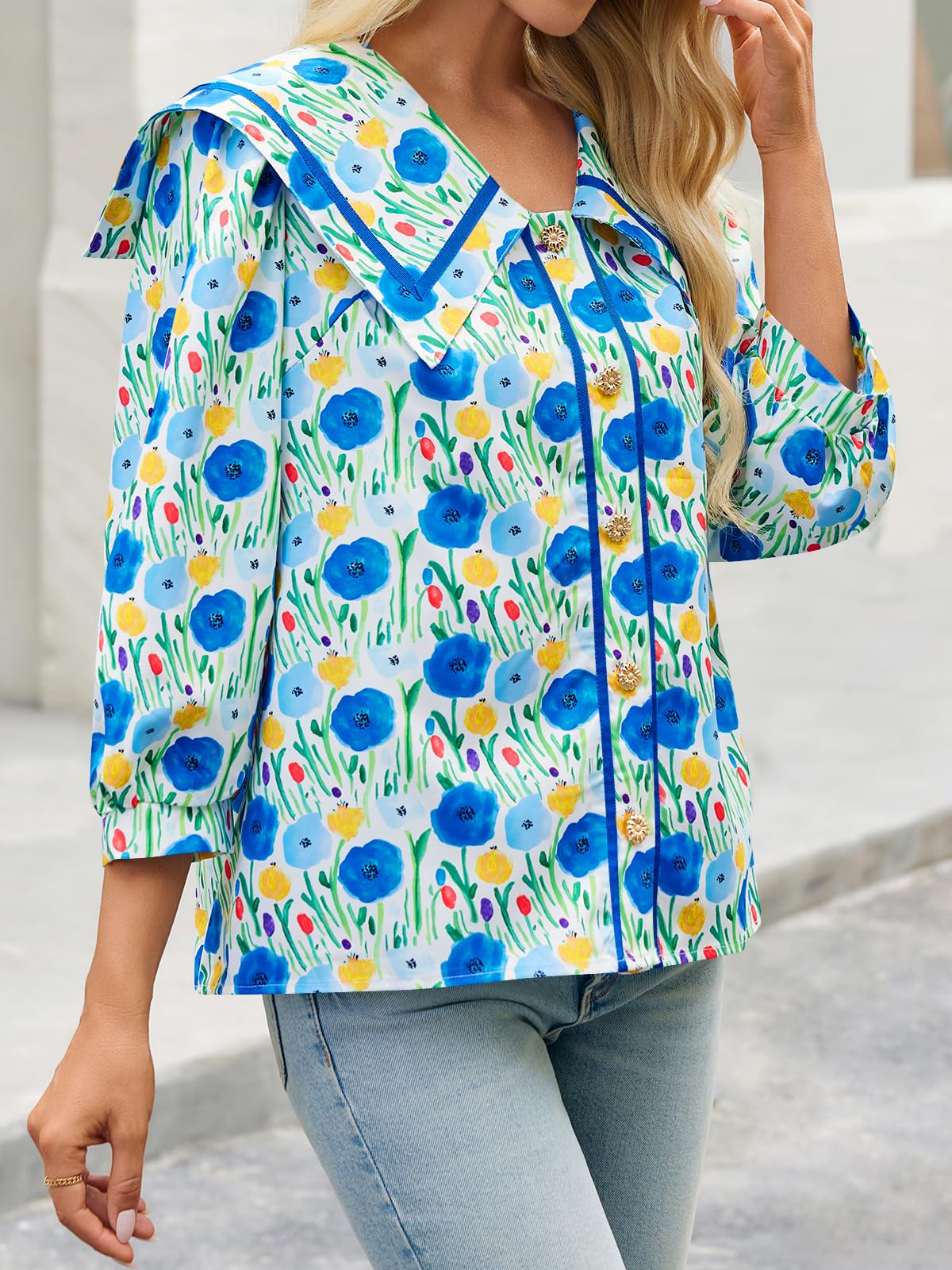 Women's Floral Collared 3/4 Lantern Sleeve Button Down Shirt