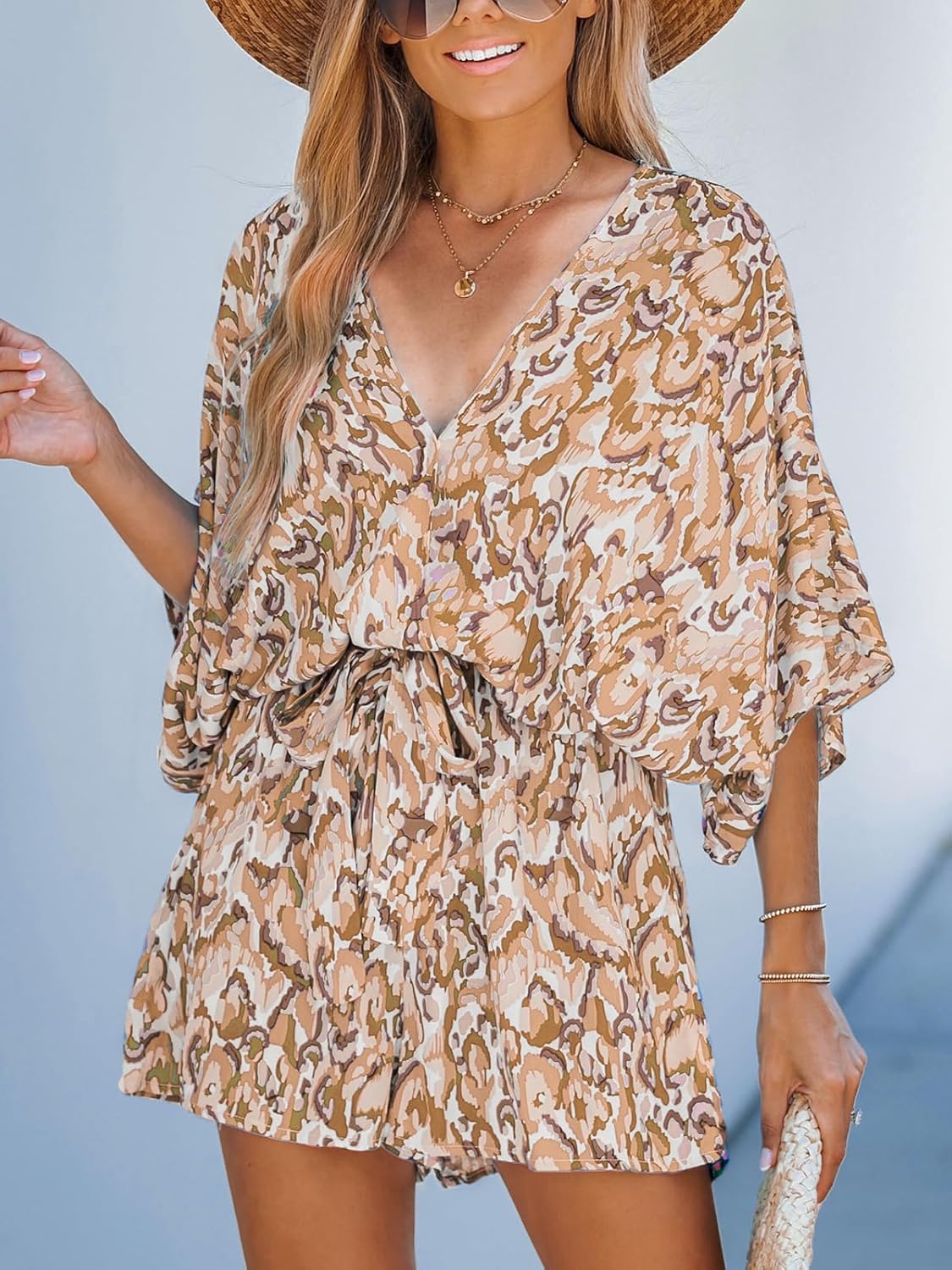 Women's Lace Up Leopard Print Romper Short Sleeves Jumpsuits