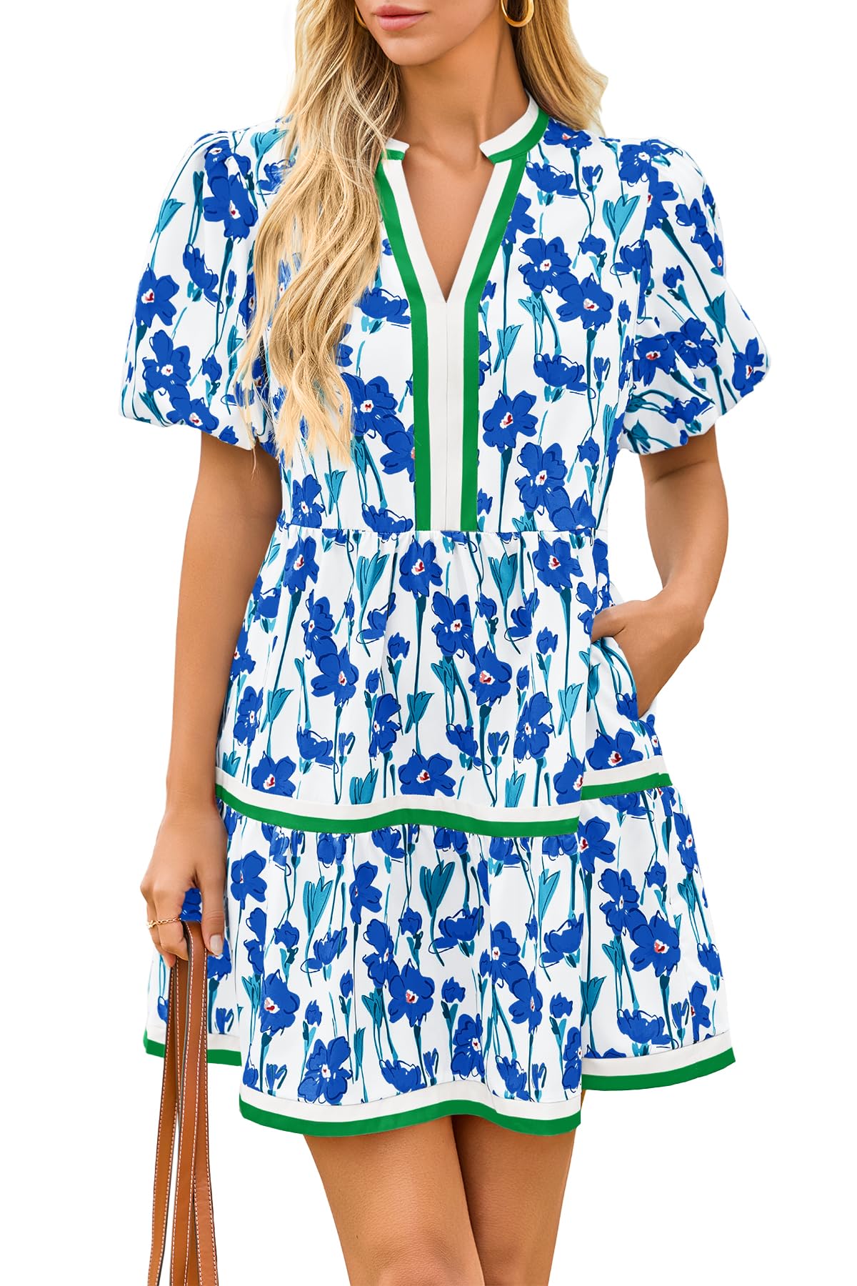 HOT SALE Women's V Neck Floral Mini Dress Short Puff Sleeve Patchwork