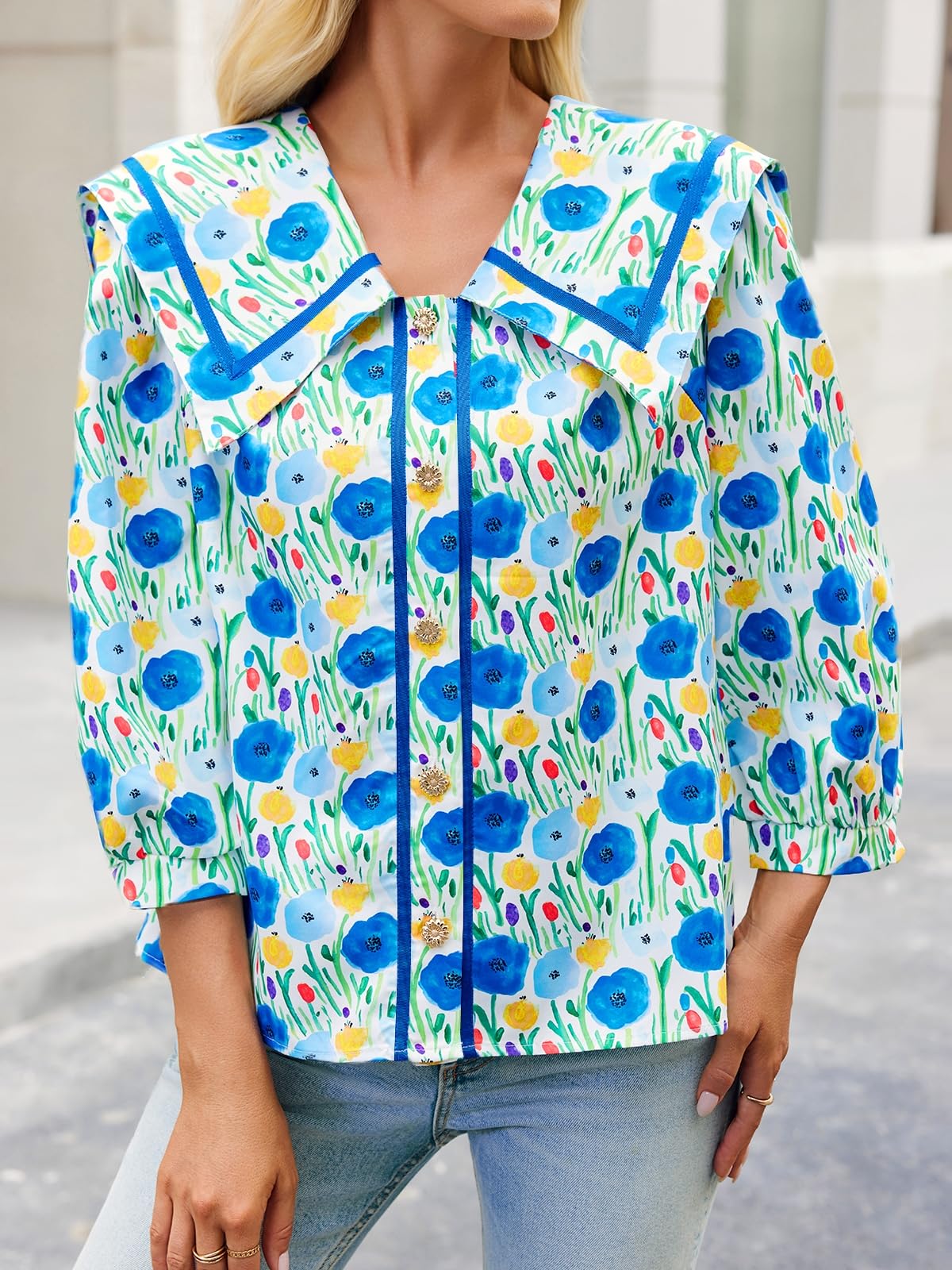 Women's Floral Collared 3/4 Lantern Sleeve Button Down Shirt