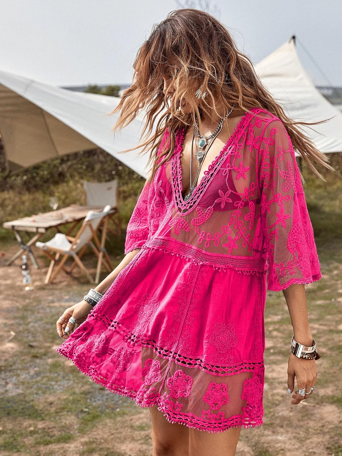 Women's Lace Bathing Suit Cover Up V-Neck Swimsuit Coverups