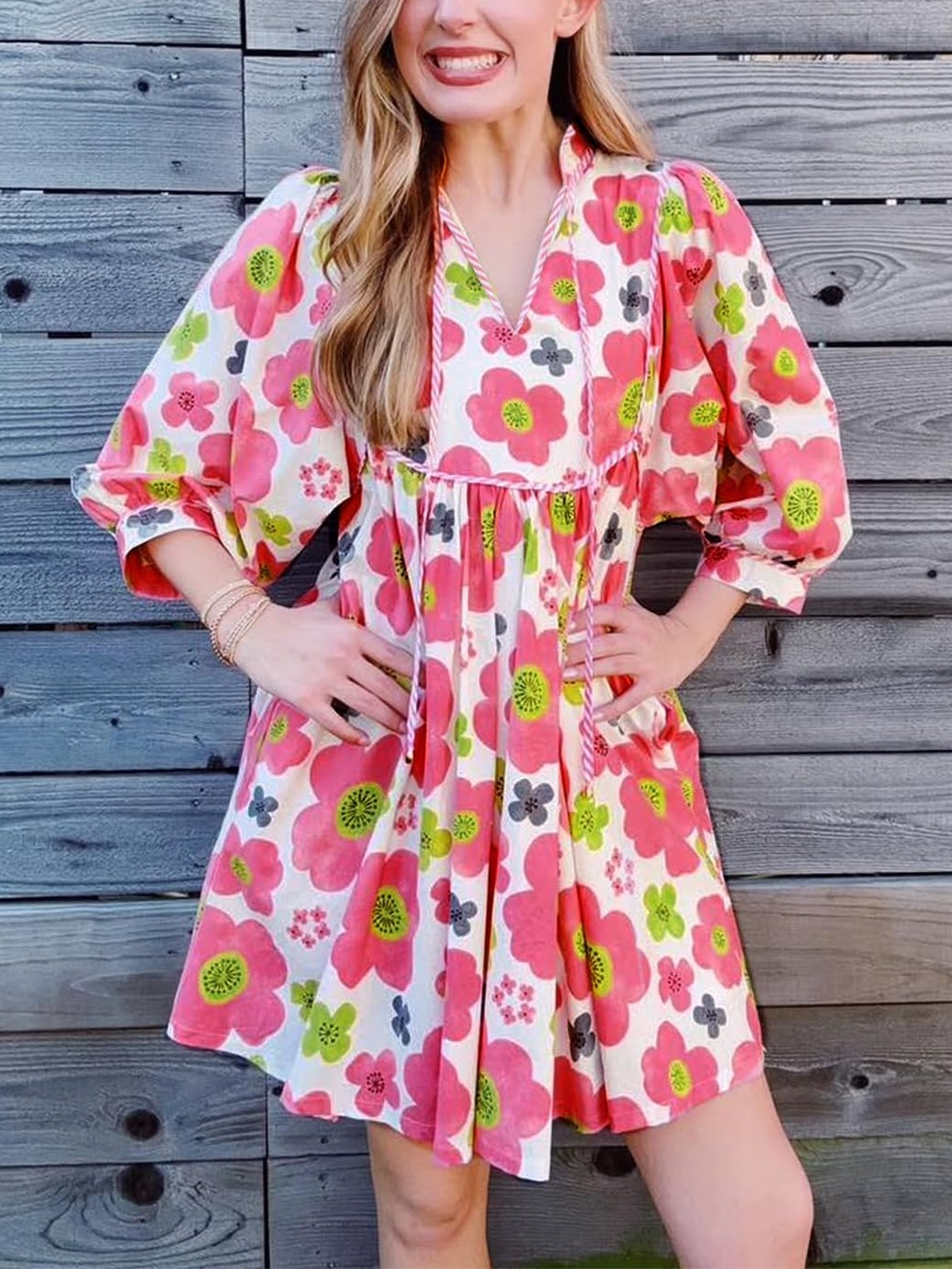 Women's Floral 3/4 Balloon Sleeve V Neck Flowy Babydoll Dress