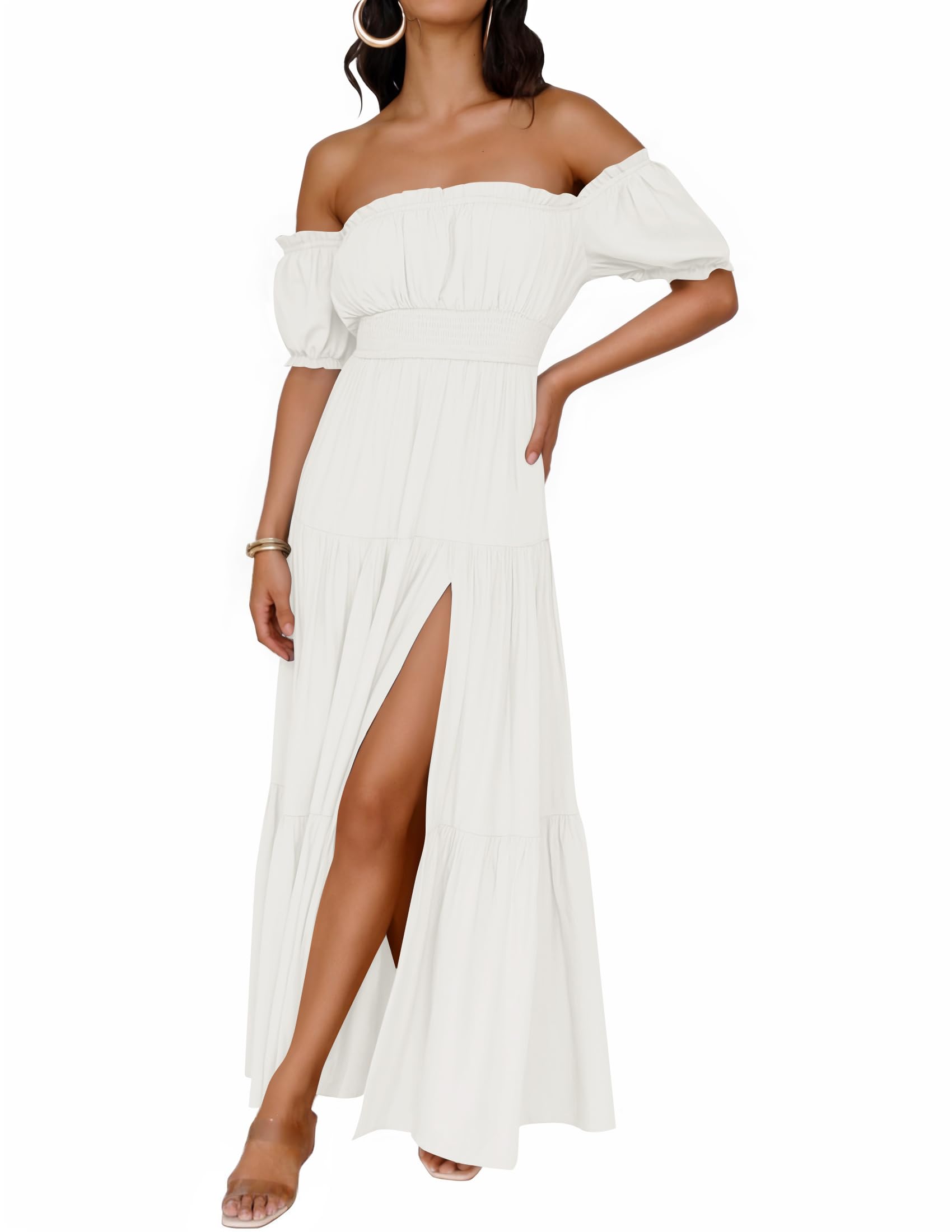 Women's Boho Sexy Off Shoulder Short Sleeve Smocked Flowy Dress