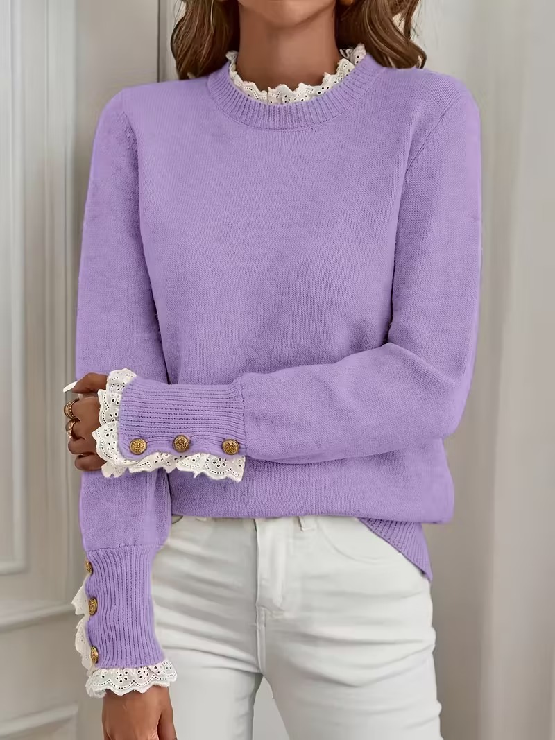 Women's Long Sleeve Knitted Button Lace Trim Sweater