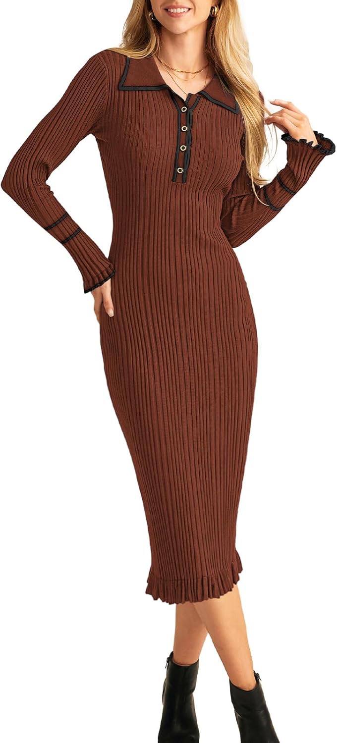 Women's Contrast Color Button Knit Fitted Long Sleeve Sweater Dress