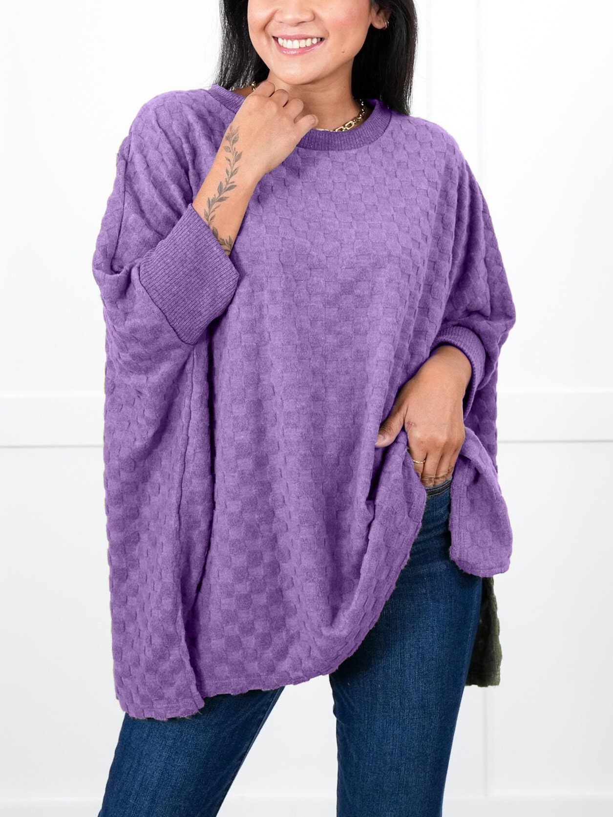 Oversized Textured Round Neck Dolman Sleeve Side Slits Top