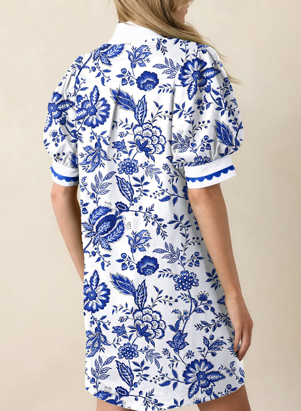 Women's Floral Print V Neck Ricrac Trim Puff Sleeve Dress