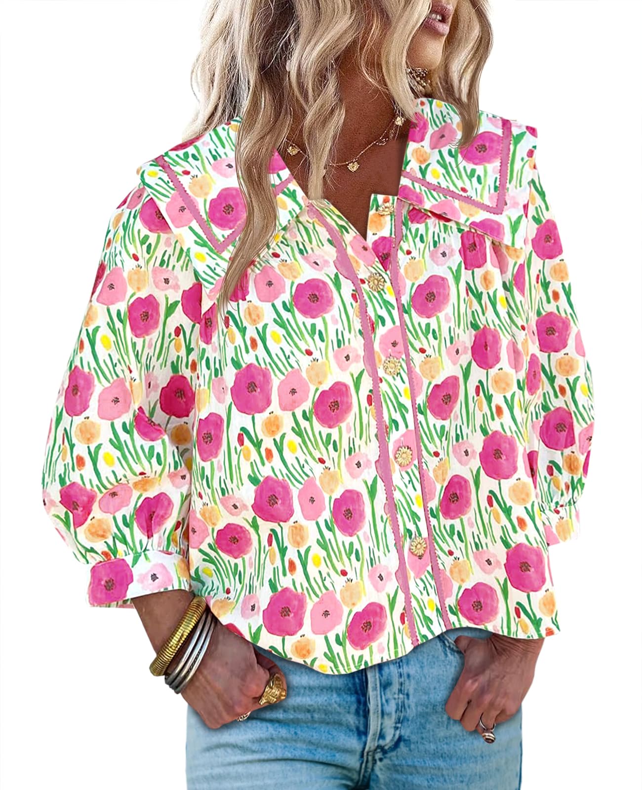 Women's Floral Collared 3/4 Lantern Sleeve Button Down Shirt