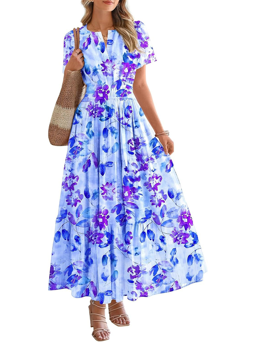 Women's Summer Floral Short Sleeve V Neck Elastic Waist Tiered Maxi Dress Pockets